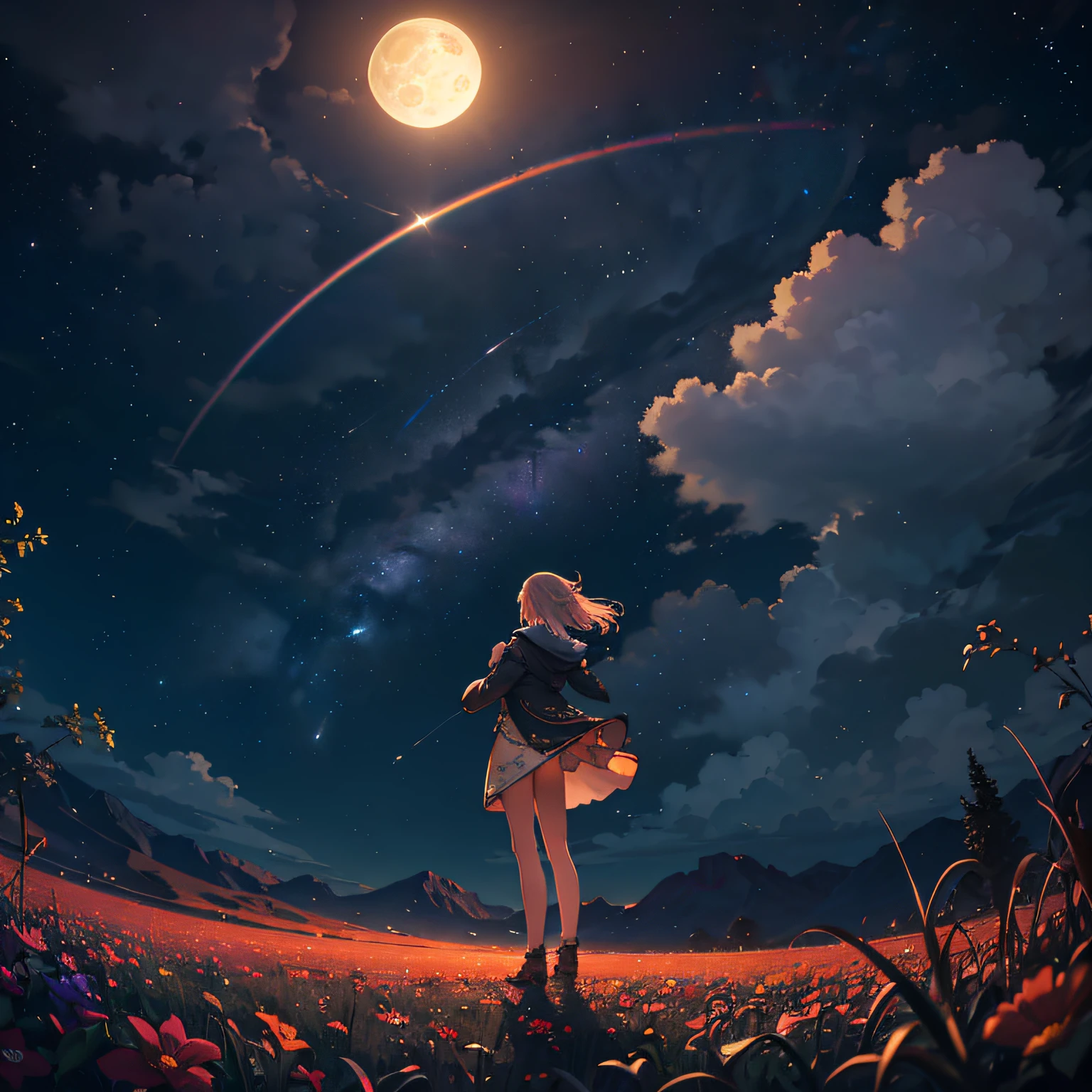 A wide landscape photo, (viewed from below, the sky is above, and the open field is below), a girl standing on a flower field looking up, (full moon: 1.2), (meteor: 0.9), (nebula: 1.3), distant mountains , Trees BREAK Crafting Art, (Warm Light: 1.2), (Firefly: 1.2), Lights, Lots of Purple and Orange, Intricate Details, Volumetric Lighting BREAK (Masterpiece: 1.2), (Best Quality), 4k, Ultra Detailed, (Dynamic Composition: 1.4), Rich in Detail and Color, (Rainbow Color: 1.2), (Glow, Atmospheric Lighting), Dreamy, Magical, (Solo: 1.2) --auto