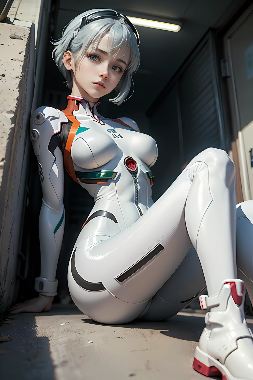 8k photo, Super realistic, Beautiful features, Double eyelids,（(Red-brown eyes)),((clean reddish-brown eyes)), about 17 years old、((1girl in))、((Rei Ayanami's hairstyle in Evangelion the Movie))、((light blue silver hair parts))、hyperdetailed face、very detailed lips、Detailed eye、((Beautiful girl in white plug suit))、((A beautiful girl who looks like Rei in the new movie version of Evangelion))、closes mouth、((light blue silver hair parts)), Long boots in white、((White plug suit))、slenderbody、airfield、Look at the viewer with your whole body、