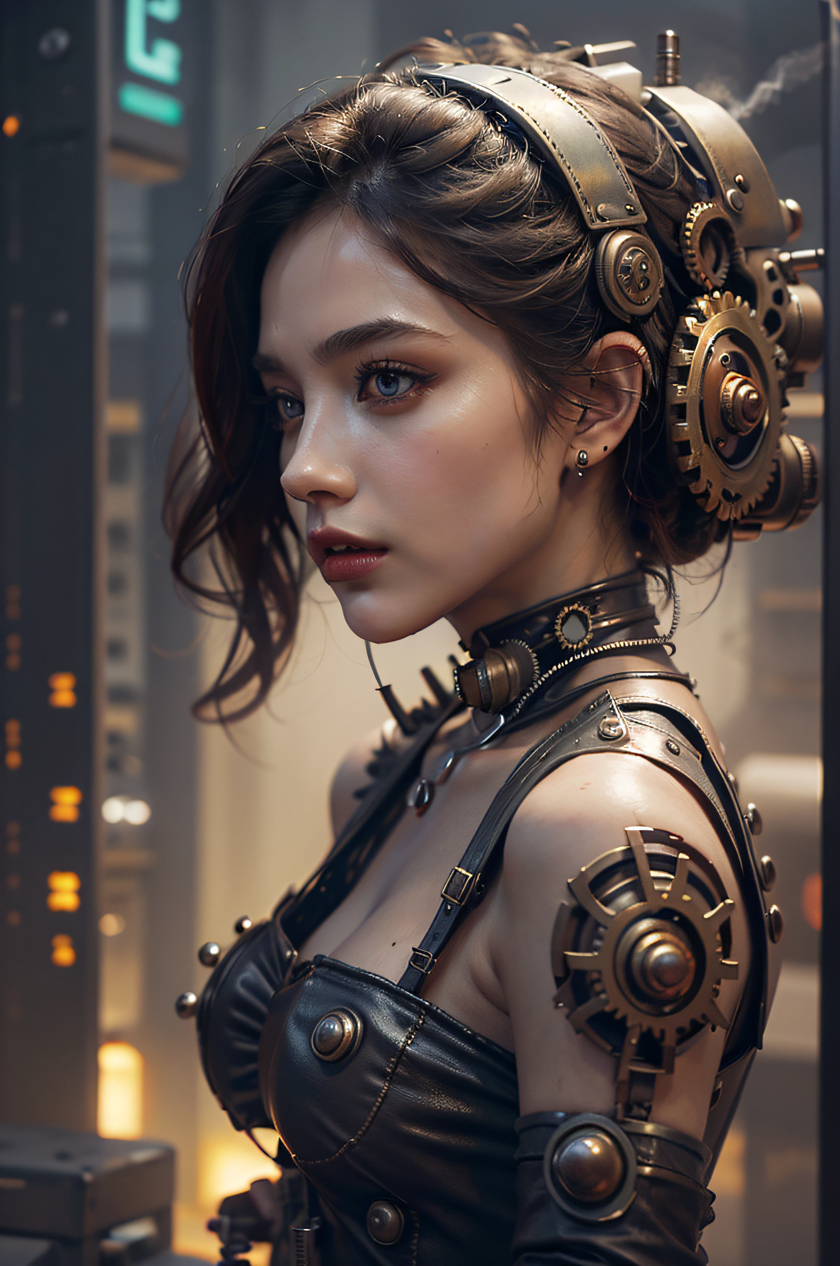 There's a woman with gears attached to her head with steam, Portrait of a mechanical woman, Arte digital 4K realista, Arte digital 4K realista, Wojtek FUS, Arte digital altamente detalhada em 4k, Cyber Steampunk 8K 3D, arte steampunk digital, Arte digital realista 8k, Arte digital detalhada em 4k, Arte cyberpunk 8K ultrarrealista, arte conceitual ultra realista,