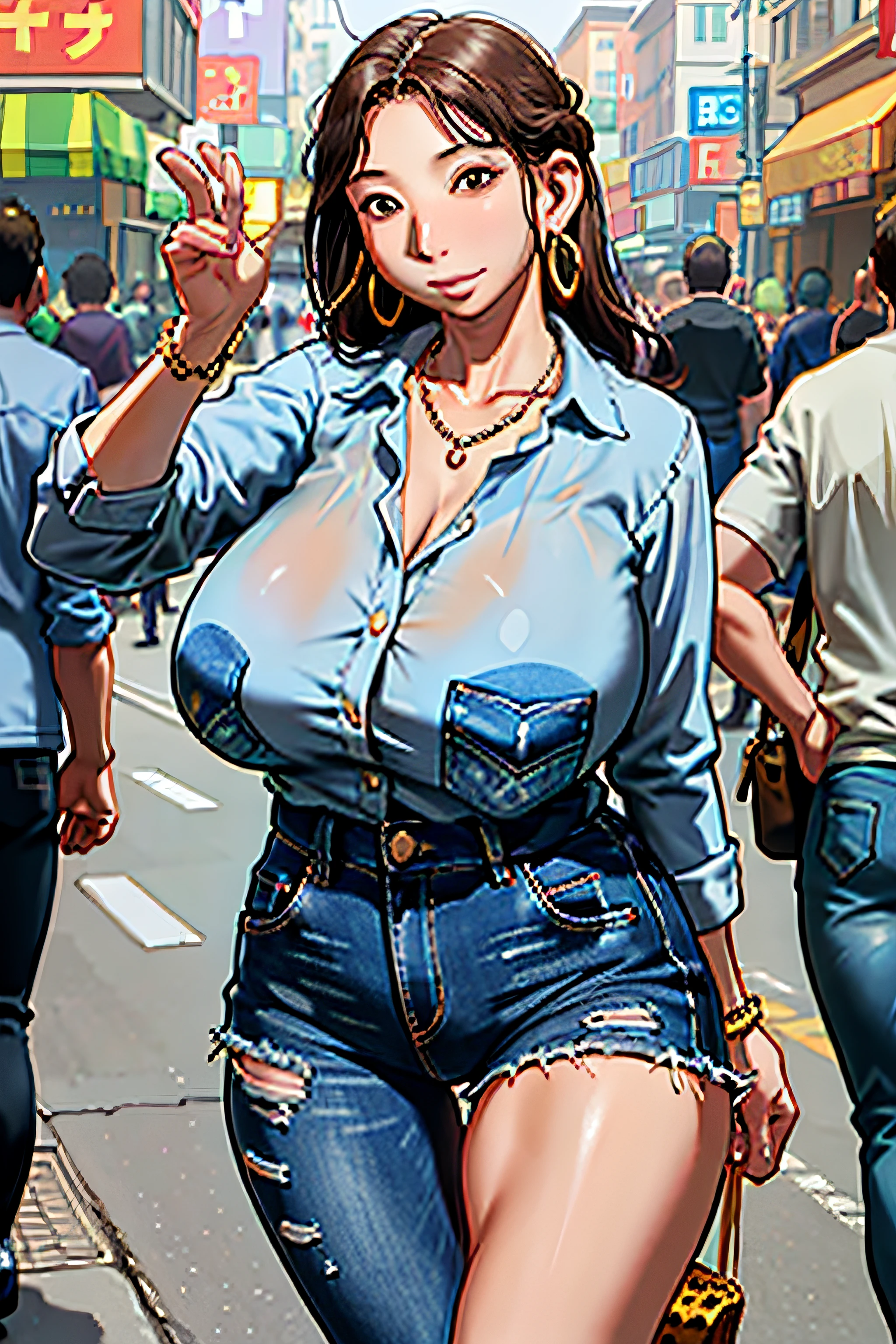 masterpiece、top-quality、1girl in、younggirl、brown-eyed、length hair、of grief_face、shinny skin、(((ridiculously large breasts)))、(Ridiculously huge breasts:1.5)、((huge udder))、(Nice leg line:1.3)、thin-waist、huge-breasted、
Romper
、Denim_shirt、black_skinny_jeans、leopard_print_ankle_boots、hoop_earrings、layered_necklace、
break
Around the crowd:1.1、depth of fields、Look at viewers、is standing、frombelow、full bodyesbian