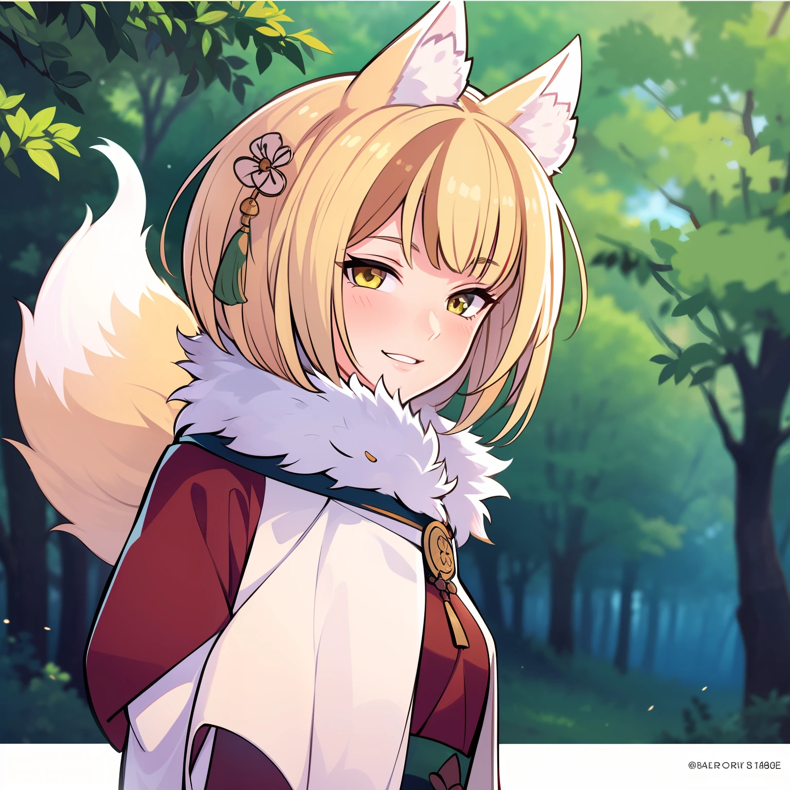 1girl, animal_ears, blonde_hair, commentary_request, fire_emblem, fire_emblem_fates, fox_ears, fox_tail, fur_trim, green_eyes, highres, japanese_clothes, kimono, kittypaw, selkie_(fire_emblem), solo, tail