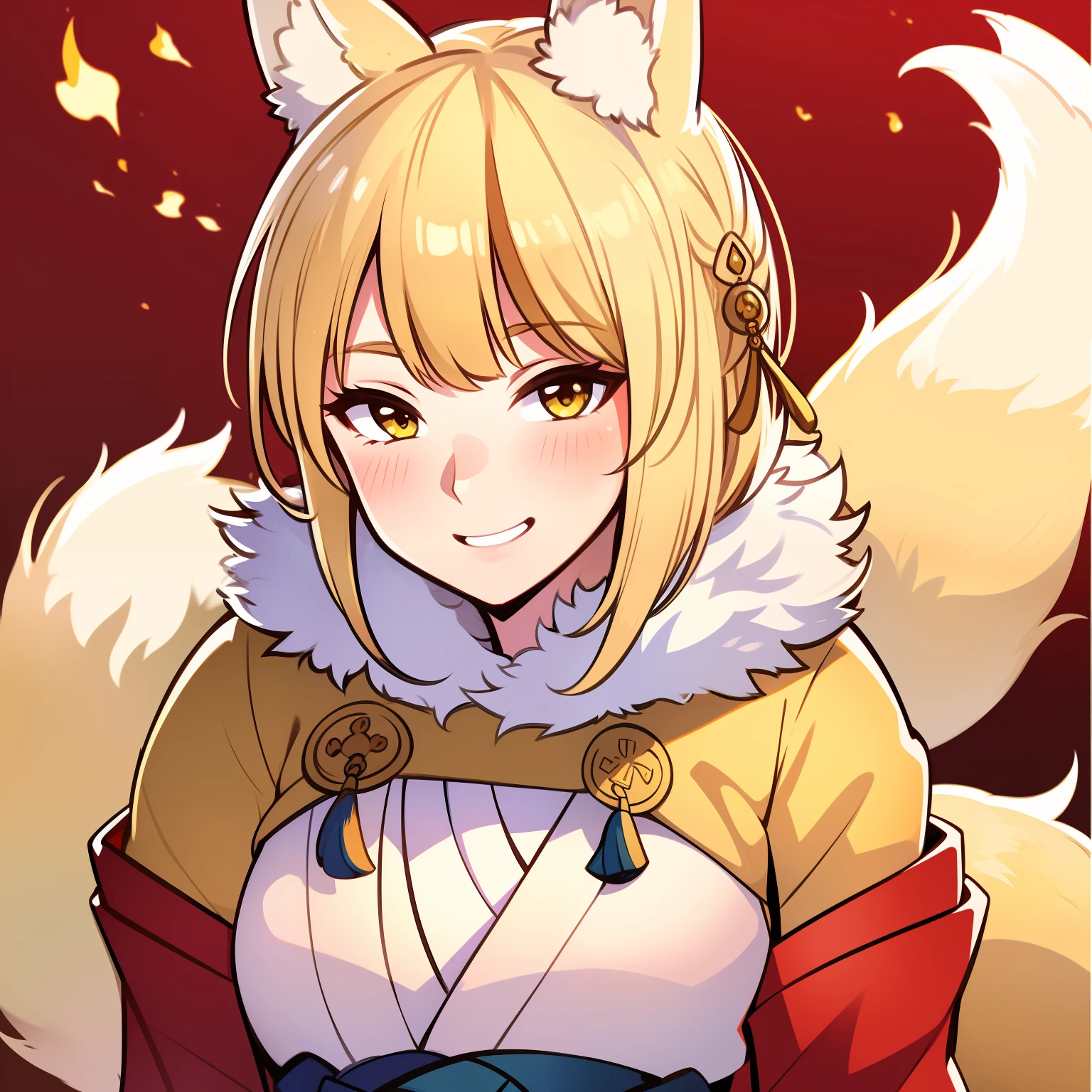1girl, animal_ears, blonde_hair, commentary_request, fire_emblem, fire_emblem_fates, fox_ears, fox_tail, fur_trim, green_eyes, highres, japanese_clothes, kimono, kittypaw, selkie_(fire_emblem), solo, tail