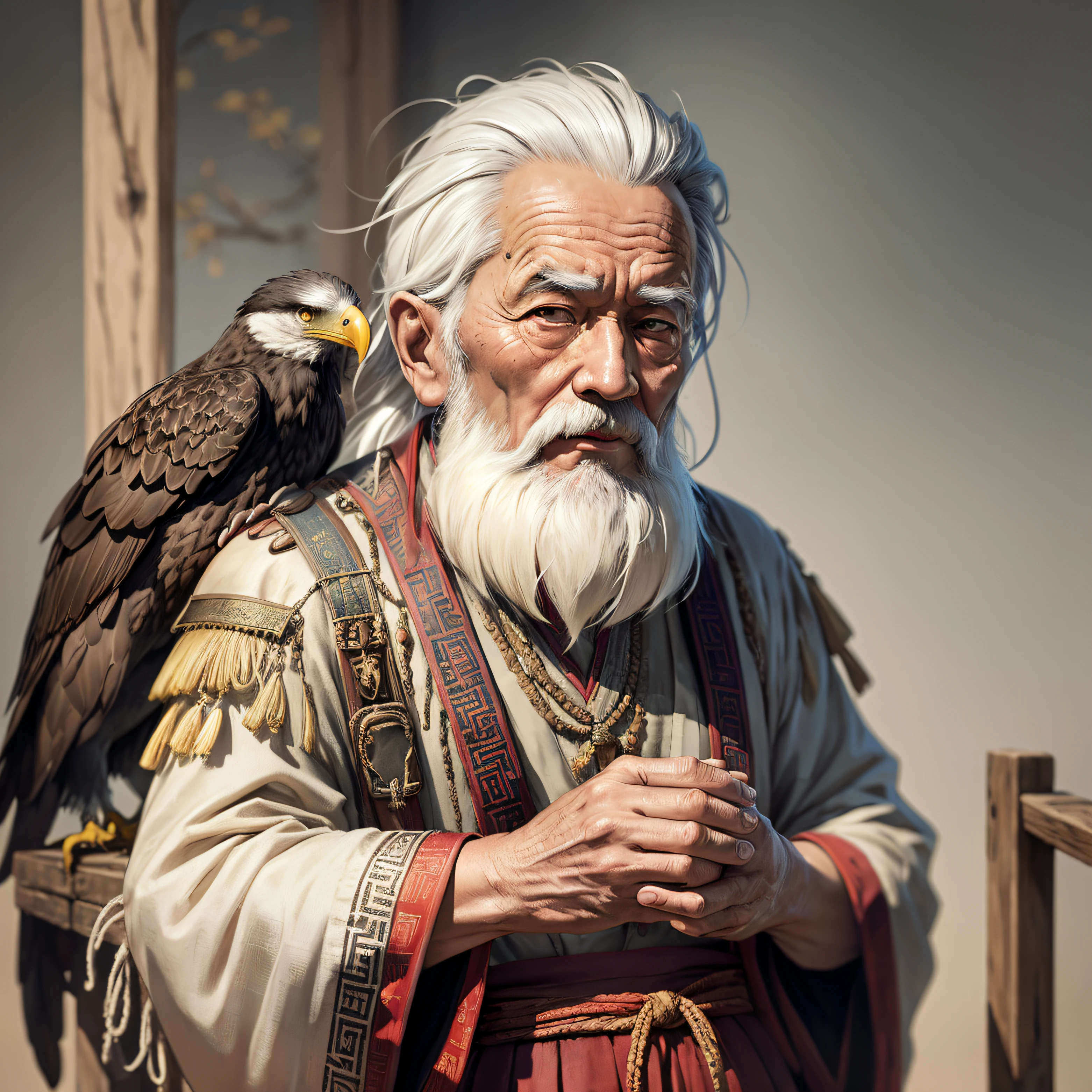 Araffe man with a white beard and a bald eagle on his shoulder, 3 d render arte do caractere 8 k, Wise old man, Directed by: Ni Yuanlu, Personagem altamente detalhado, Directed by: Alexander Kucharsky, 3d render senior artist, personagem de fantasia hiperdetalhado, um velho, Chengwei Pan em ArtStation, wlop e ross tran