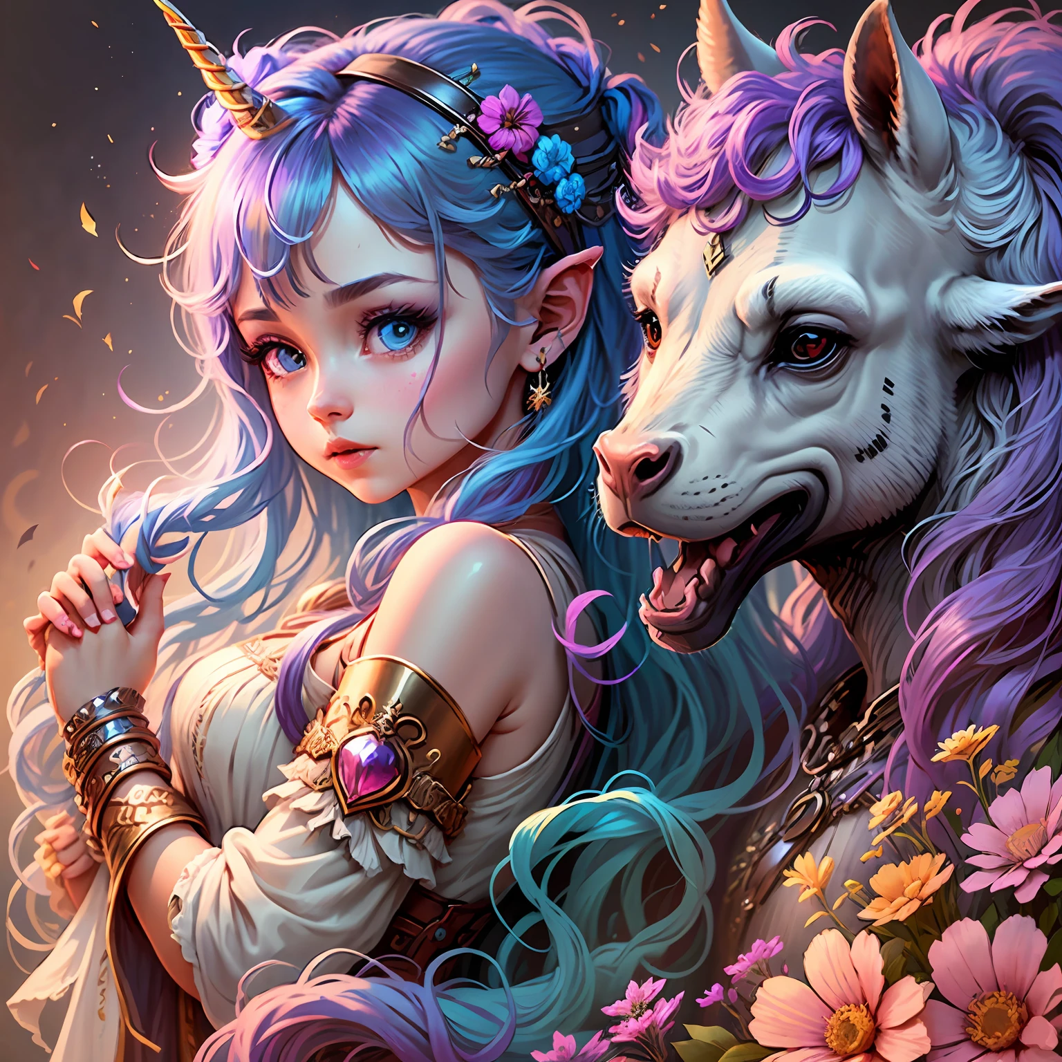 girl with long hair, beautiful unicorn girl, unicorn aesthetic, beautiful girl, very beautiful fantasy art, beautiful and elegant female unicorn, beautiful detailed fantasy, rainbow color palate, rainbow color-theme