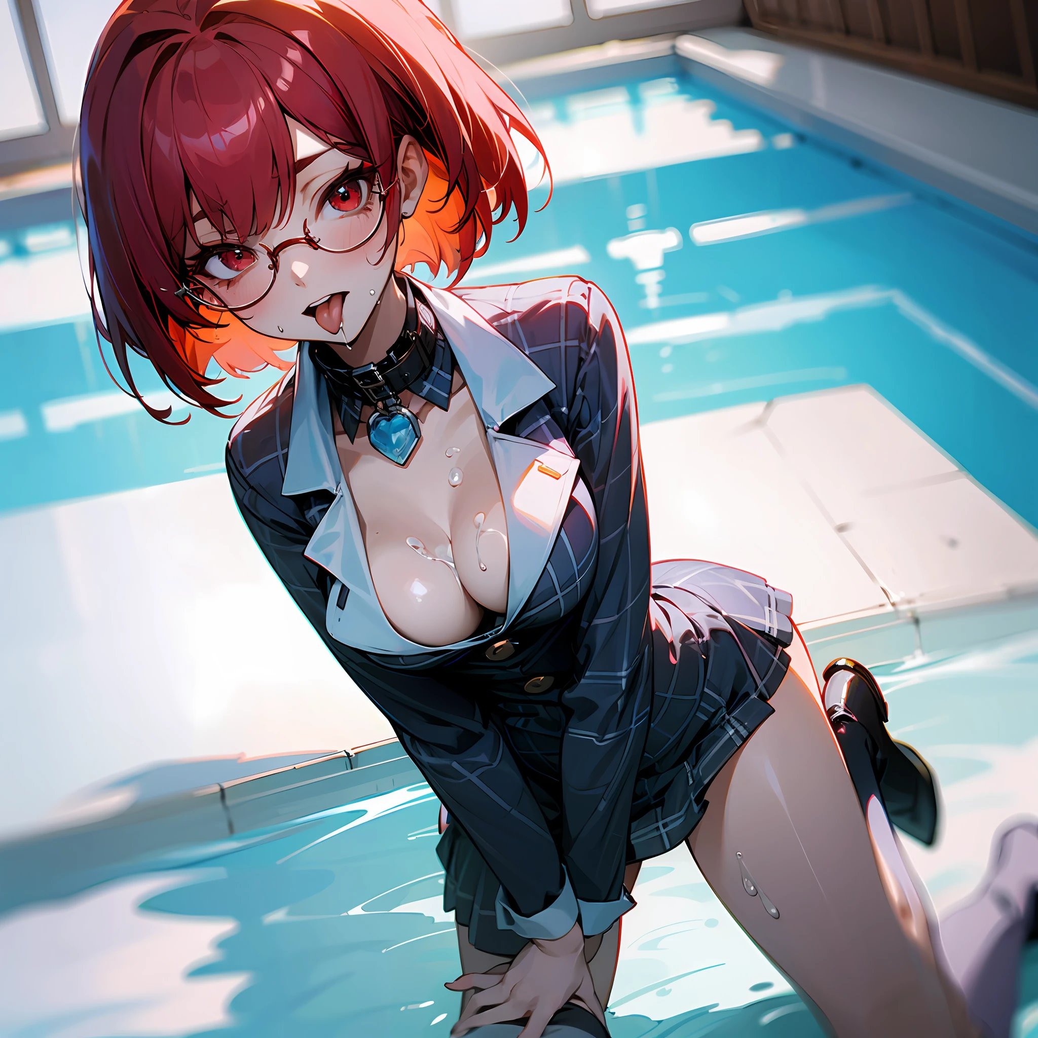 Solo, Delicate Face, Long Eyelashes, (Bob Hair), (Red Eye: 1.3), (Red Hair), Medium Cleavage, Tartan Check, Music Room, Top Angle, Uniform, Light Blue Underwear, Sweat, Thin, Open Mouth Wide, Tongue Out, White yogurt on Breast and Tongue, White Liquid All Over Chest and Tongue, Frontal Shot, Woman with Upper Eyes, collar on neck with lead, glasses, stockings,