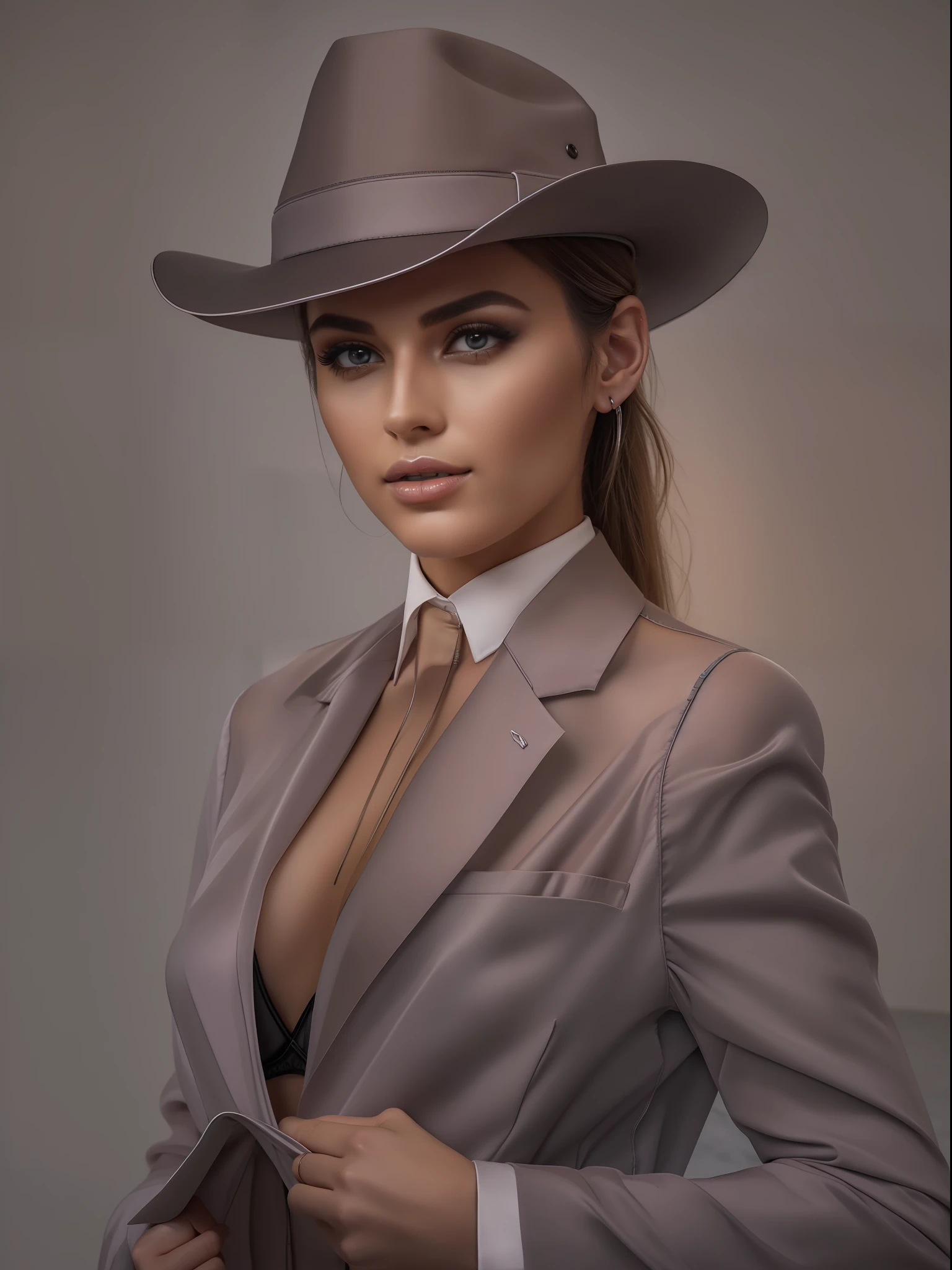 1 beautiful woman dressed as business woman, business suit, Meias, lingerie, gravata, tatuagens, (visible whole body), olhando para o visor, retrato, fotografia, pele detalhada, realista, realista, 8k, altamente detalhado, quadro de comprimento total, Alto detalhe RAW arte da cor, penetrante, lighting soft fuzzy, profundidade de campo rasa, foco nítido, hiper-realismo, cinematic lighthing