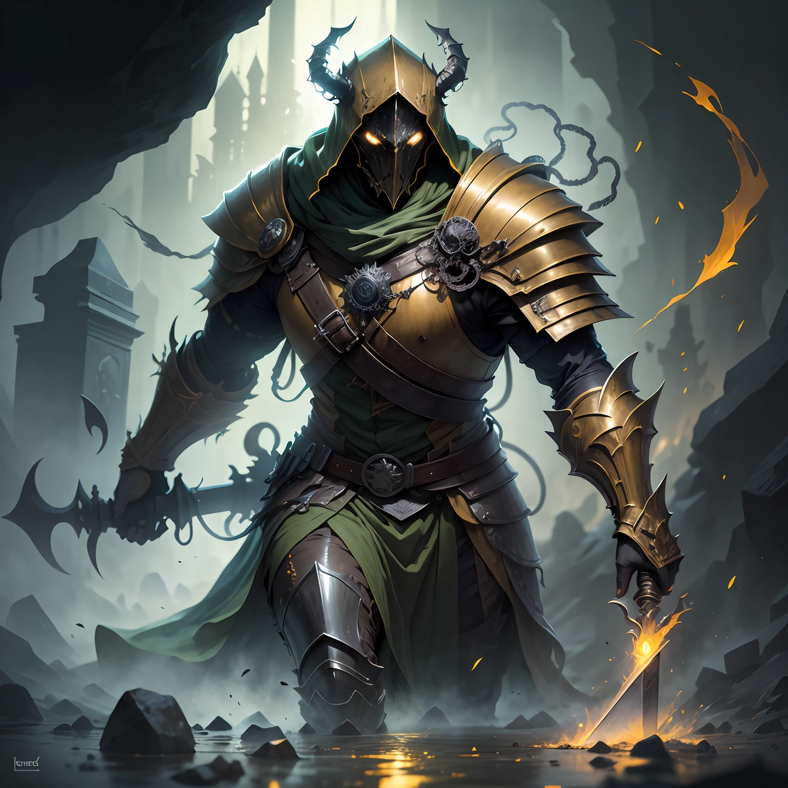 O cavaleiro de armadura prateada e manto negro flutua no ar, His athletic body revealed by the loose clothing, His serious face shows an expression of power, while his hands hold a long sword emanating a golden light, He is inside a dark cave, iluminada apenas por um fogo fraco e a luz da lua. The rocky floor reflects the light, criando sombras sinistras. Behind the knight, one can see a cemetery. The atmosphere is dark and fraught with mystery, from the head of the knight come demon horns, seus olhos brilham em verde