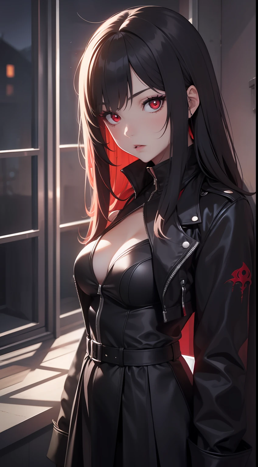 a woman vampire, red eyes, tusk, bloods, Black background mid night, inside in room, standing.