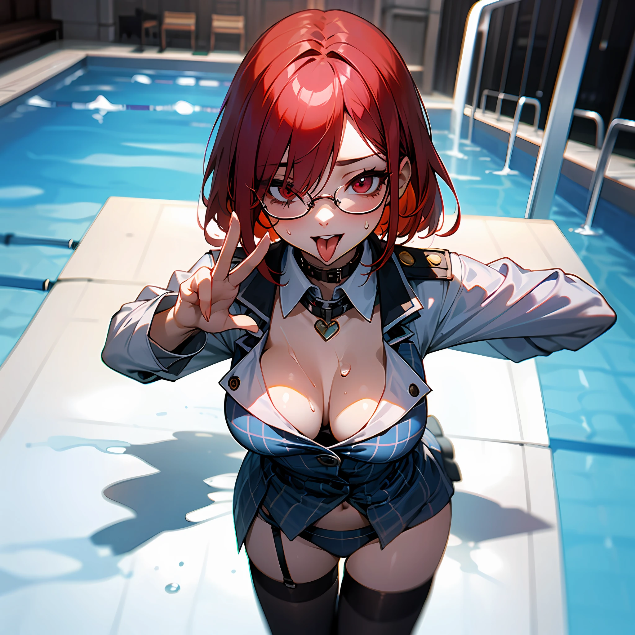 Solo, Delicate Face, Long Eyelashes, (Bob Hair), (Red Eye: 1.3), (Red Hair), Medium Cleavage, Tartan Check, Music Room, Top Angle, Uniform, Light Blue Underwear, Sweat, Thin, Open Mouth Wide, Tongue Out, White yogurt on Breast and Tongue, White Liquid All Over Chest and Tongue, Frontal Shot, Woman with Upper Eyes, collar on neck with lead, glasses, stockings,pool of white liquid on floor --auto