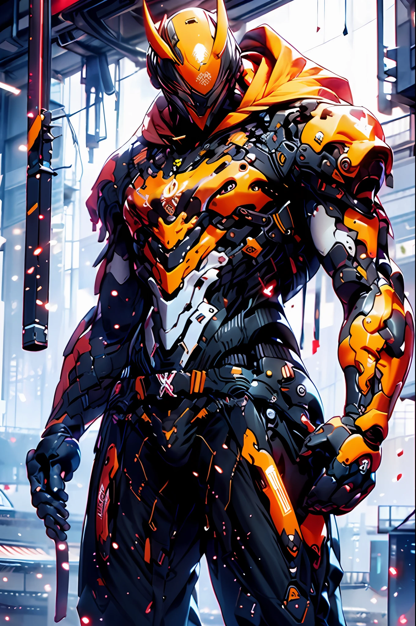oni,warframe design as, mask, muscle, oni HAYABUSA as , white red camo pants with black leather, cicatriz, energy aural emitting, angry action posting packed, aggressive action posting for the pictures, magic emitting in hands,double piece, highly detailed, highly realistic, hyper realistic low angle, M-shaped white-haired man, red eyes,open legs, molyman, shot from below, glaring, upper body, slender body, delicate body, light clothing, biting panties,, take up close, close up,