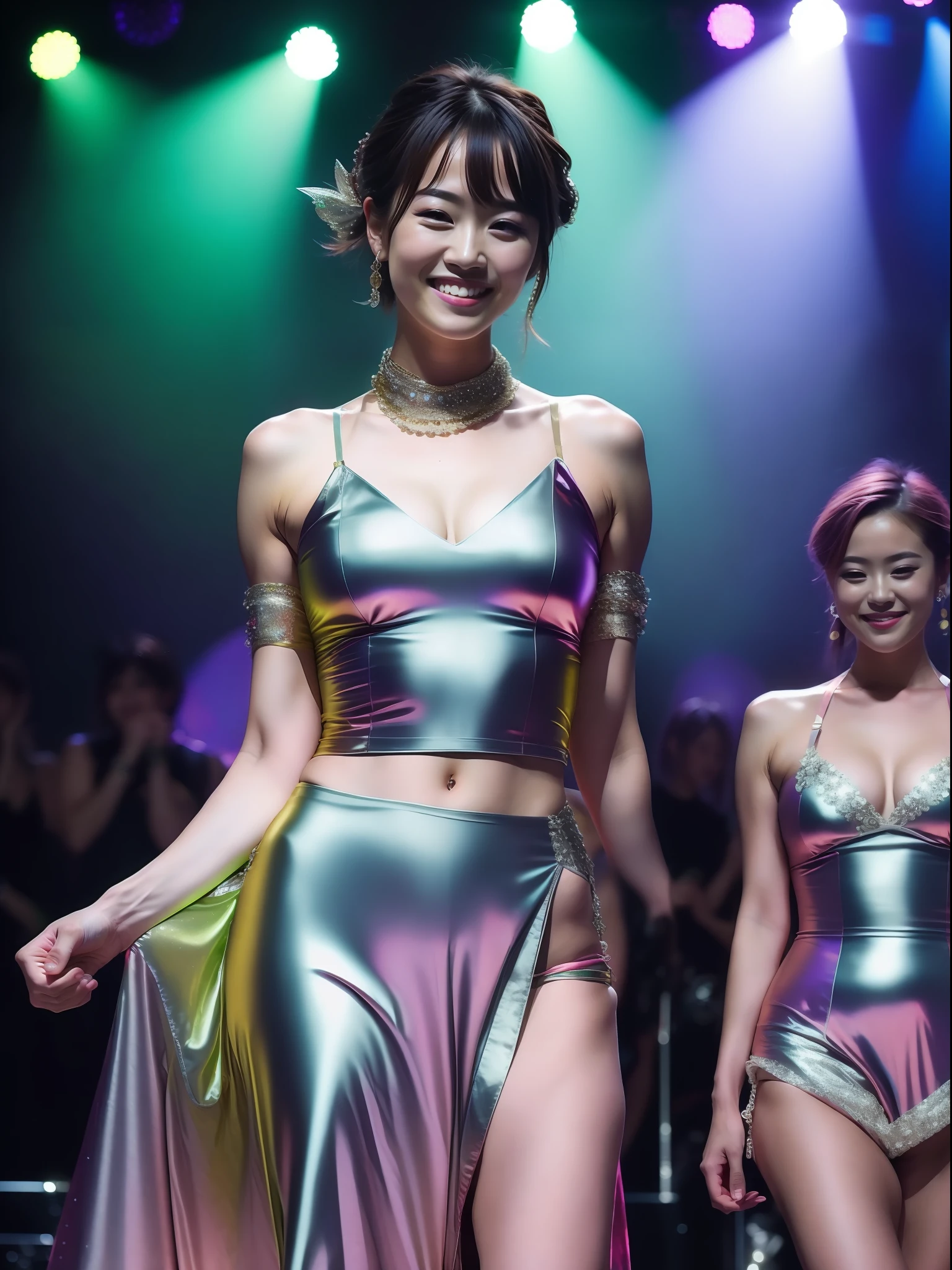 masterpiece、Ultra-high-definition high-quality photos、Modern Japan Strip Theatre、Wide stage、Glittering stage lighting、Very sexy very beautiful young woman、dancer、Full body like、Long body、Lively dance poses、Great dance skills、yogapose、Beautiful gorgeous stage costumes、Gorgeous colorful rainbow color dress with wide hem、No Underwear、beautiful smiling face、White teeth、Sense of cleanliness、wholesome、Kindness、top grade、faithful、a pixie cut、a short bob、Beautiful abs、Beautiful muscles、Long burly limbs、Fine-grained beautiful skin、ample breasts、Toned waist、perspiring、intricate detailes、Round Table Stage、spot light、Laser beam、Half-undressed、bare-legged、Frill scrunchies、Body Chain、Very exposed skin、mirror ball、Large crowd、