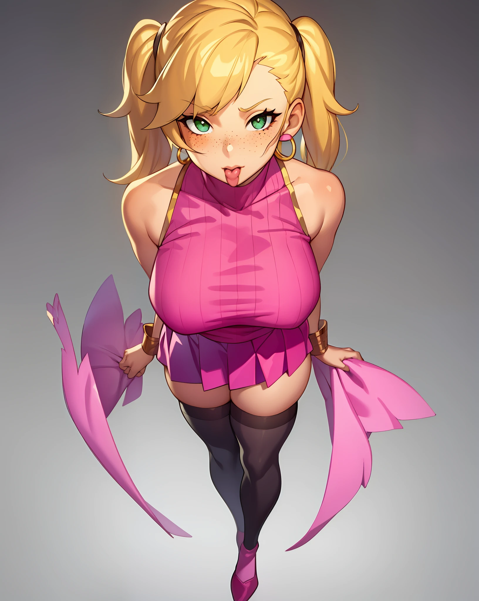 1girl, solo woman, 1 person, single person, woman with a ((PINK)) sleeveless turtleneck sweater, short ((PINK)) skirt, full body portrait, girl fanart, !!full body portrait!!, fullbody portrait, full body character portrait, full-body character portrait, detailed full body, full body illustration, anime full body illustration, anime style character, blonde hair, hairstyle: Pigtails, white thighhigh socks, green eyes, freckles, ((GOLD)) hoop earings, ((no item in hands)) ((ECCHI)) ((LEWD)) ((naughty)) ((Showing skin)) ((Showing chest)) ((Open chest)) ((WHITE BACKGROUND)) white background, 4k resolution blank background, White backdrop