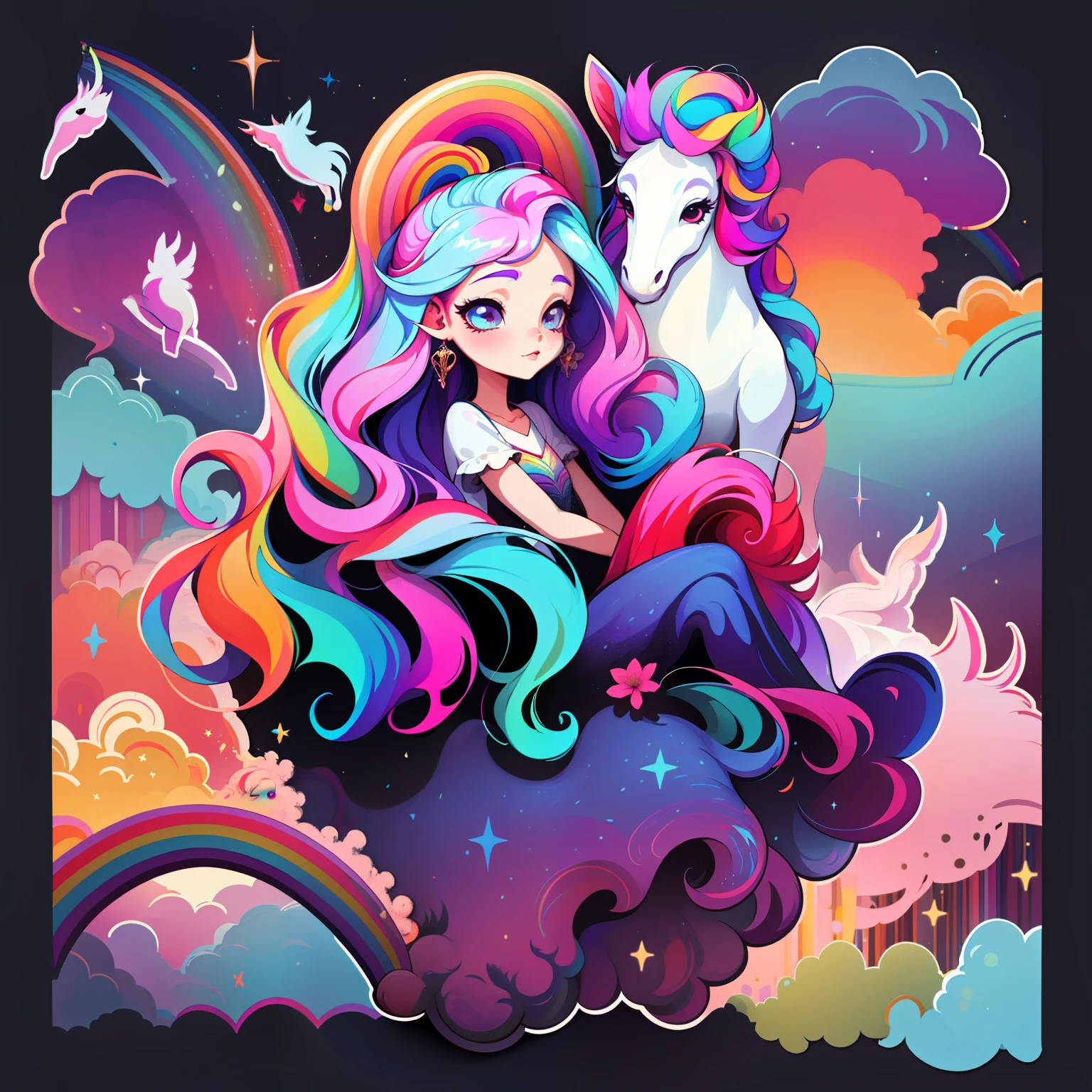 adesivo,1girl, fundo simples, girl with long hair, beautiful unicorn girl, unicorn aesthetic, beautiful girl, very beautiful fantasy art, beautiful and elegant female unicorn, beautiful detailed fantasy, rainbow color palate, rainbow color-theme