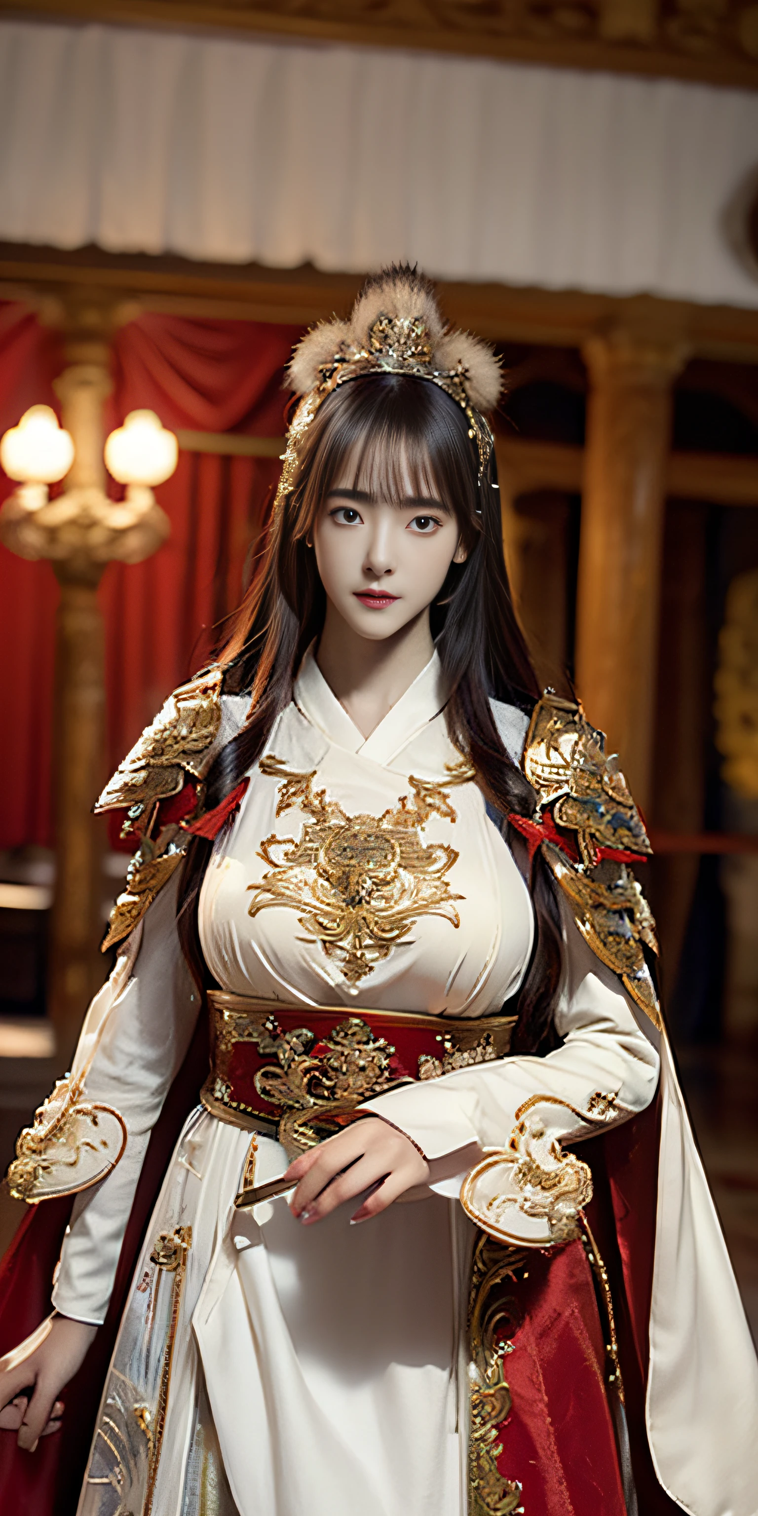 ((masterpiece))), (((best quality))), ((ultra-detailed)), (hyperrealistic), (highly detailed CG illustration), cinematic light, photorealistic ,extremely beautiful young lady, light makeup, big breast, intricate detailed eaba, red cape, spear