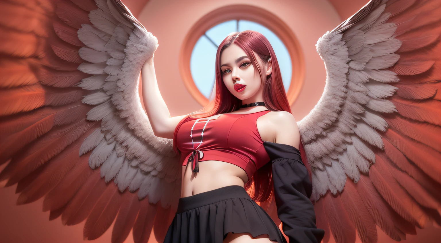 beautiful red-haired woman with long, straight hair falling under her shoulder, wings, with angel wings, wearing high school clothes, blouse with red tie and red mini skirt, black socks that go up to the knees and all star sneakers, red makeup around the eyes making a drawing on the face, purple eyes, red lipstick, a mole on the left side of the mouth, perfect face, expression of shame, cute expression, perfect body, round chest, big ass, thick thighs, whole body, detailed scenery, detailed photo, masterpiece, 8k, raw photo, perfect lighting