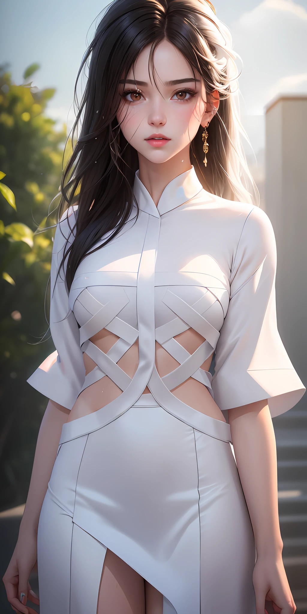 1girl, solo, white polo shirt, white sneakers, tennis wear, white miniskirt, masterpiece, best quality, realistic, hyper-detailed, (shiny skin, sweaty:1.4), absurd, looking at viewer, short black hair, brown eyes, slender, dynamic lighting, high resolution, sharp focus, depth of field, detailed eyes, sharp pupils, realistic pupils, (small breasts:1.6), (thick thighs:1.0), outdoor, sky