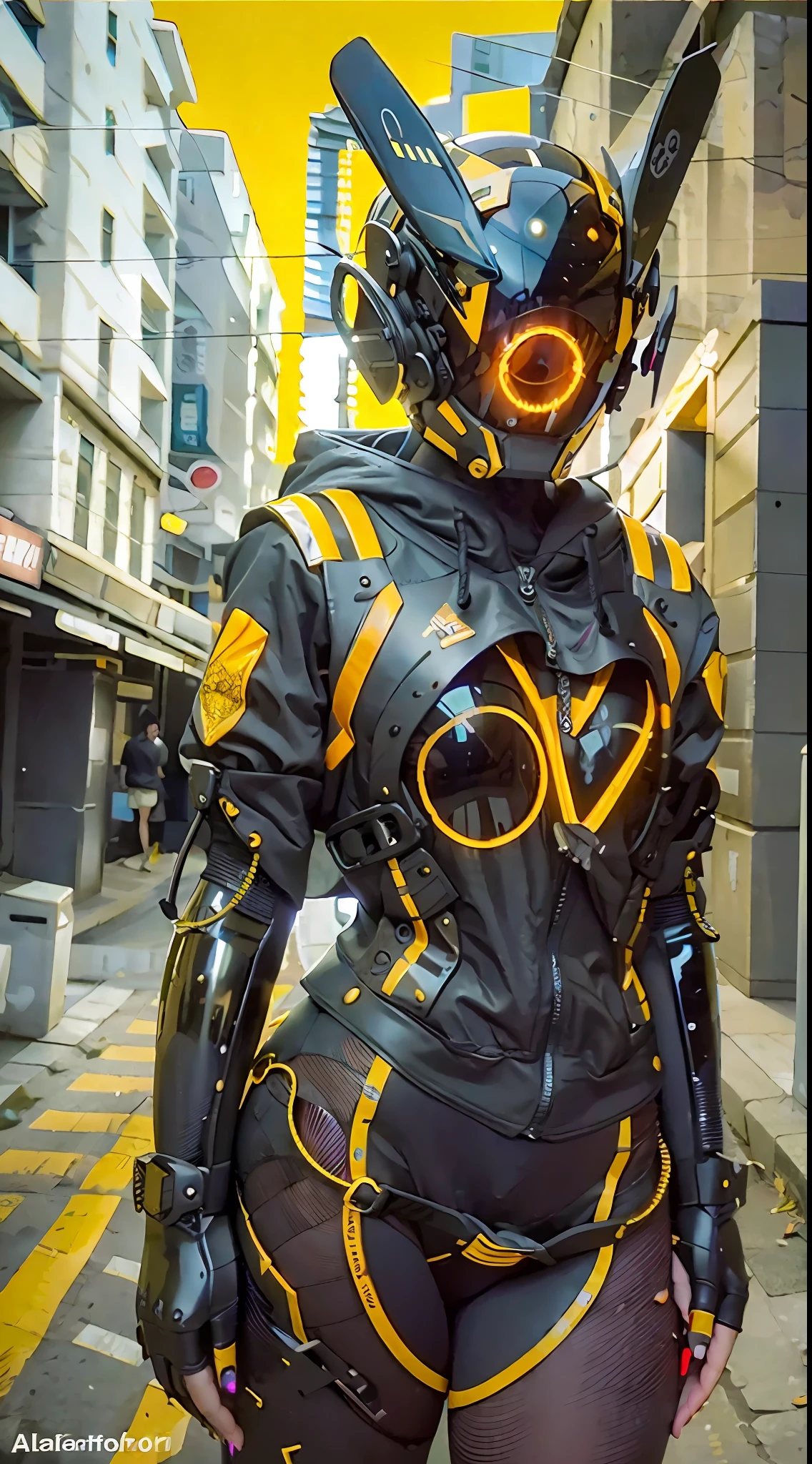 "Texto original en, obra maestra, alta calidad, Cyborg woman inside a bright yellow circle, Illuminating your cyber helmet with black ears. chaqueta negra, Sunny day on the street"