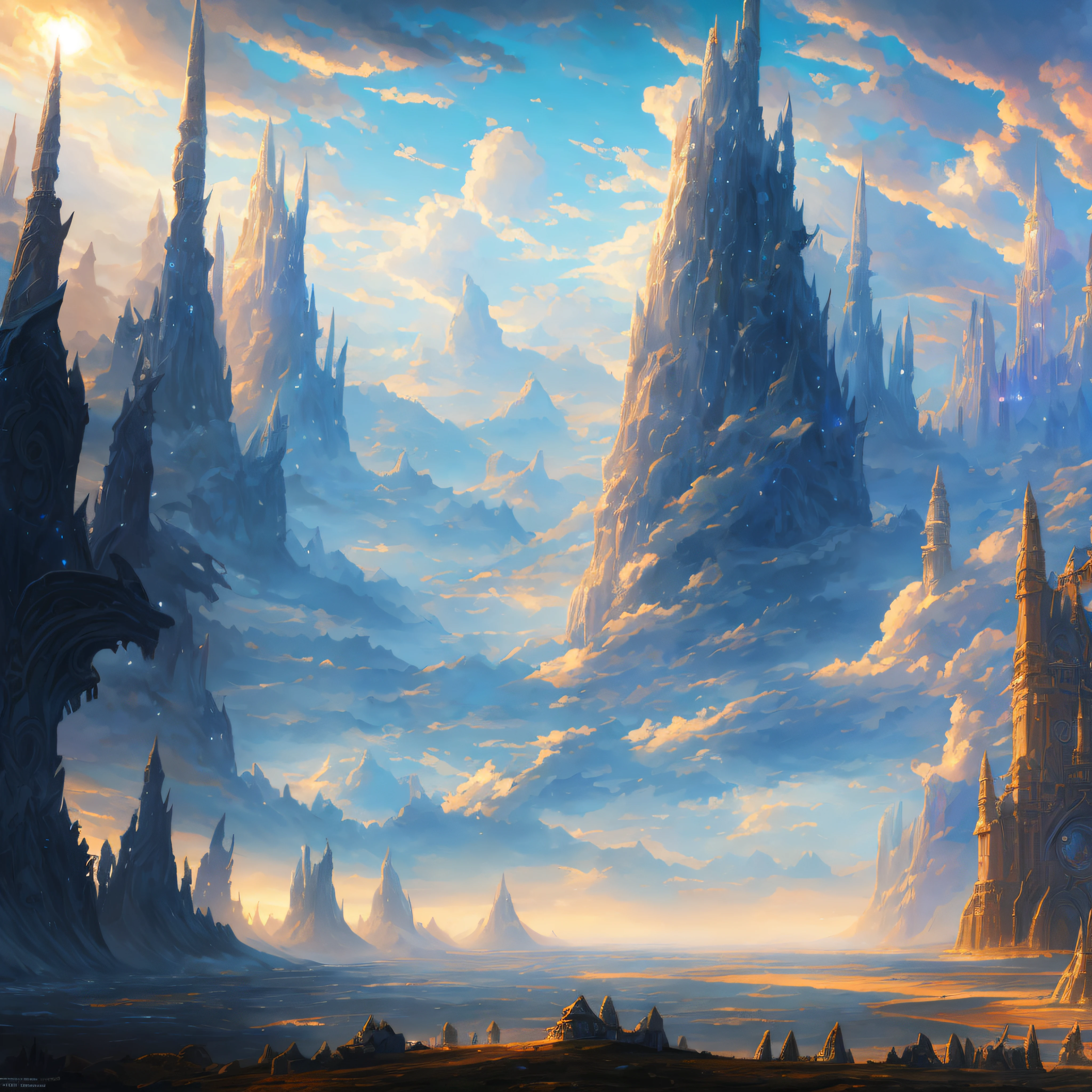 Highly detailed fantasy art centered on the sky and clouds, wide angle fantasy art, sci-fi fantasy wallpaper, Most Epic Landscapes, epic fantasy art style hd, detailed fantasy digital art, Complex concept art painting, fantasy painting hd, breathtaking fantasy art, detailed fantasy art, epic fantasy artwork, epic fantasy painting --auto