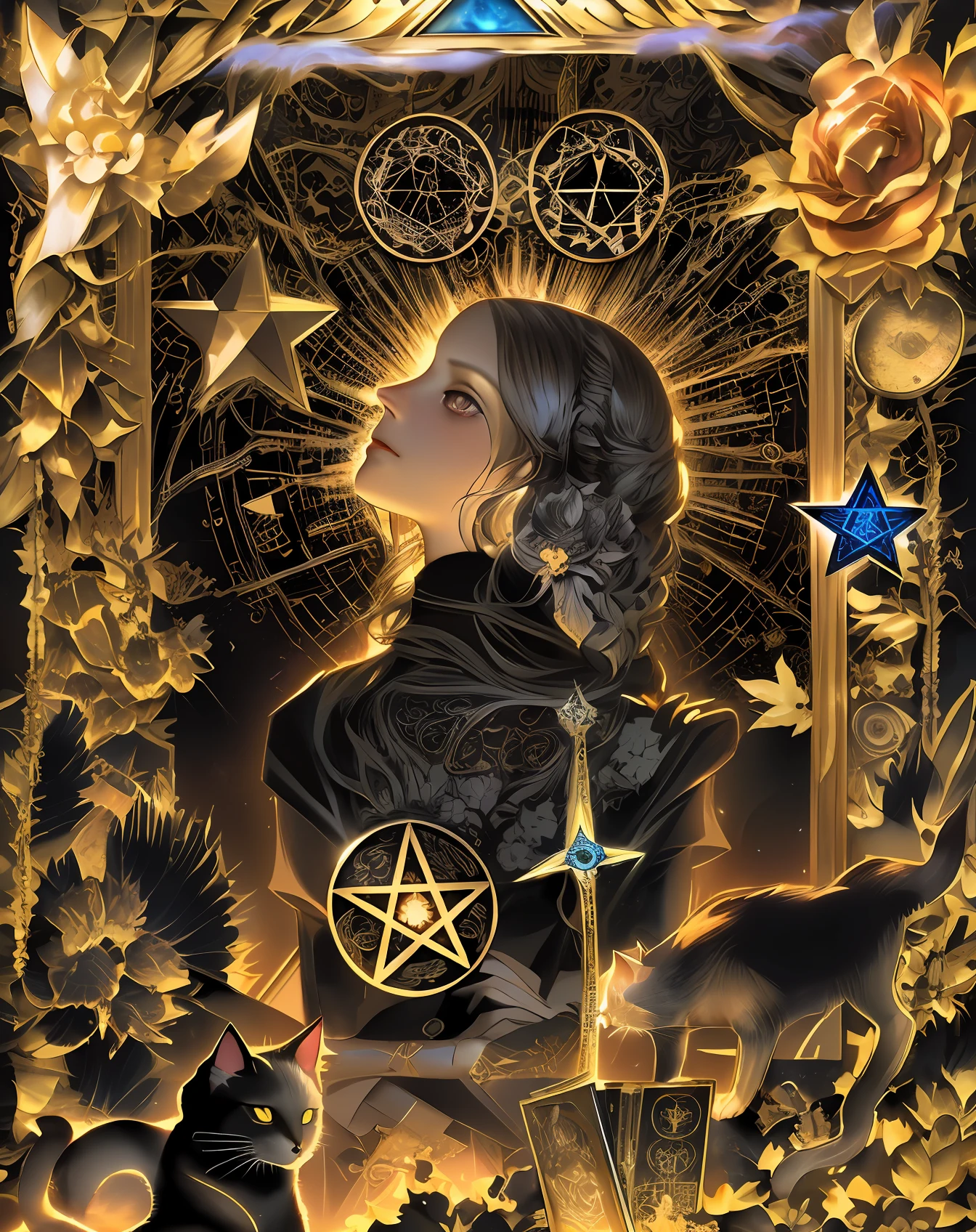 there is a side profile of woman with a pentagram and a cat in front of a picture frame, magick, pagan goddess, chaos magick, complex tarot card background, [ tarot card ]!!!!!, as a tarot card, fantasy aesthetic!, digital collage, inspired by Kinuko Y. Craft, surreal collage, pentacle, grimes - book 1 album coverมmasterpiece, best quality, (extremely detailed CG unity 8k wallpaper), (best quality), (best illustration), (best shadow), absurdres, realistic lighting, (Abyss), beautiful detailed glow