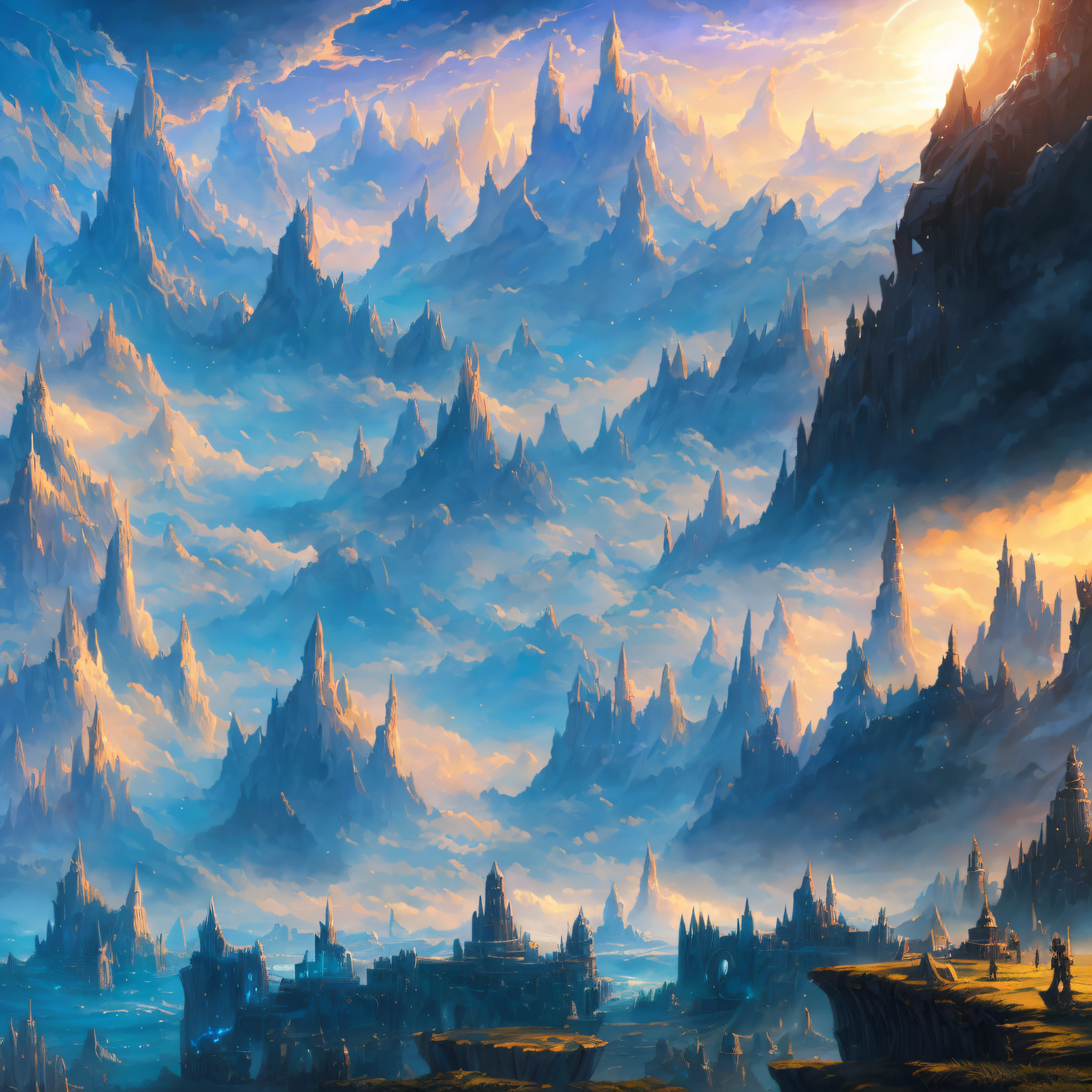 Highly detailed fantasy art centered on the sky and clouds, wide angle fantasy art, sci-fi fantasy wallpaper, Most Epic Landscapes, epic fantasy art style hd, detailed fantasy digital art, Complex concept art painting, fantasy painting hd, breathtaking fantasy art, detailed fantasy art, epic fantasy artwork, epic fantasy painting --auto