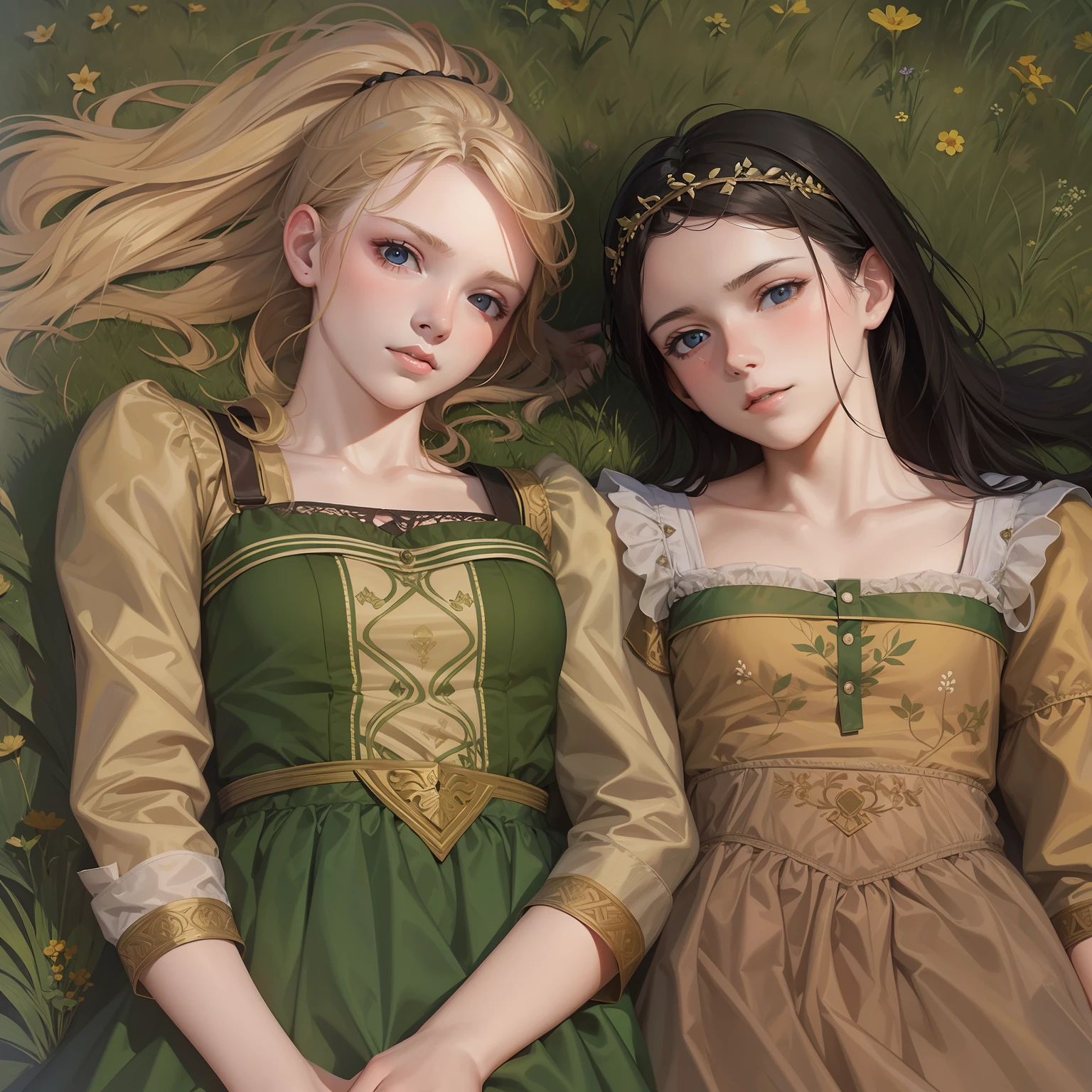 Two sisters, -yeld ble and 14-year-o daairedying in a grassy field during a medieval summer setting