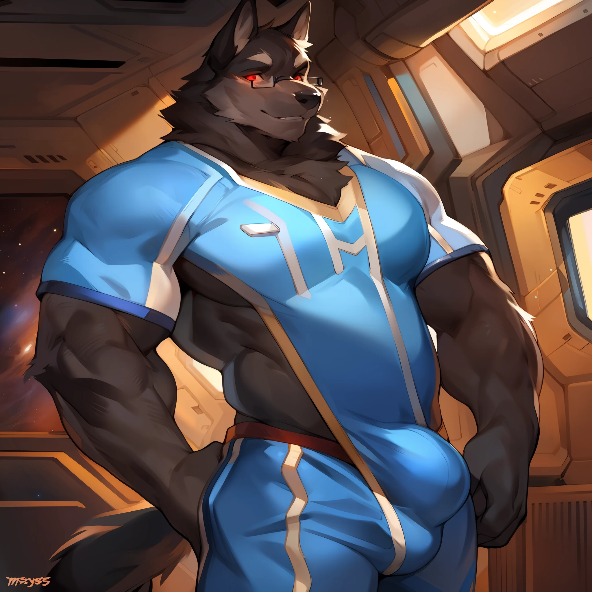 Solo, male, blue spacesuit, bulge, canine, black wolf, black fur, red eyes, glowing eyes, glasses, short hair, very short hair, muscular, by bebebebebe, by spuydjeks, by darkgem, by mystikfox61, by chunie, standing, space, spaceship, window, enormous, buff, beard, wide, broad shoulders, giant biceps