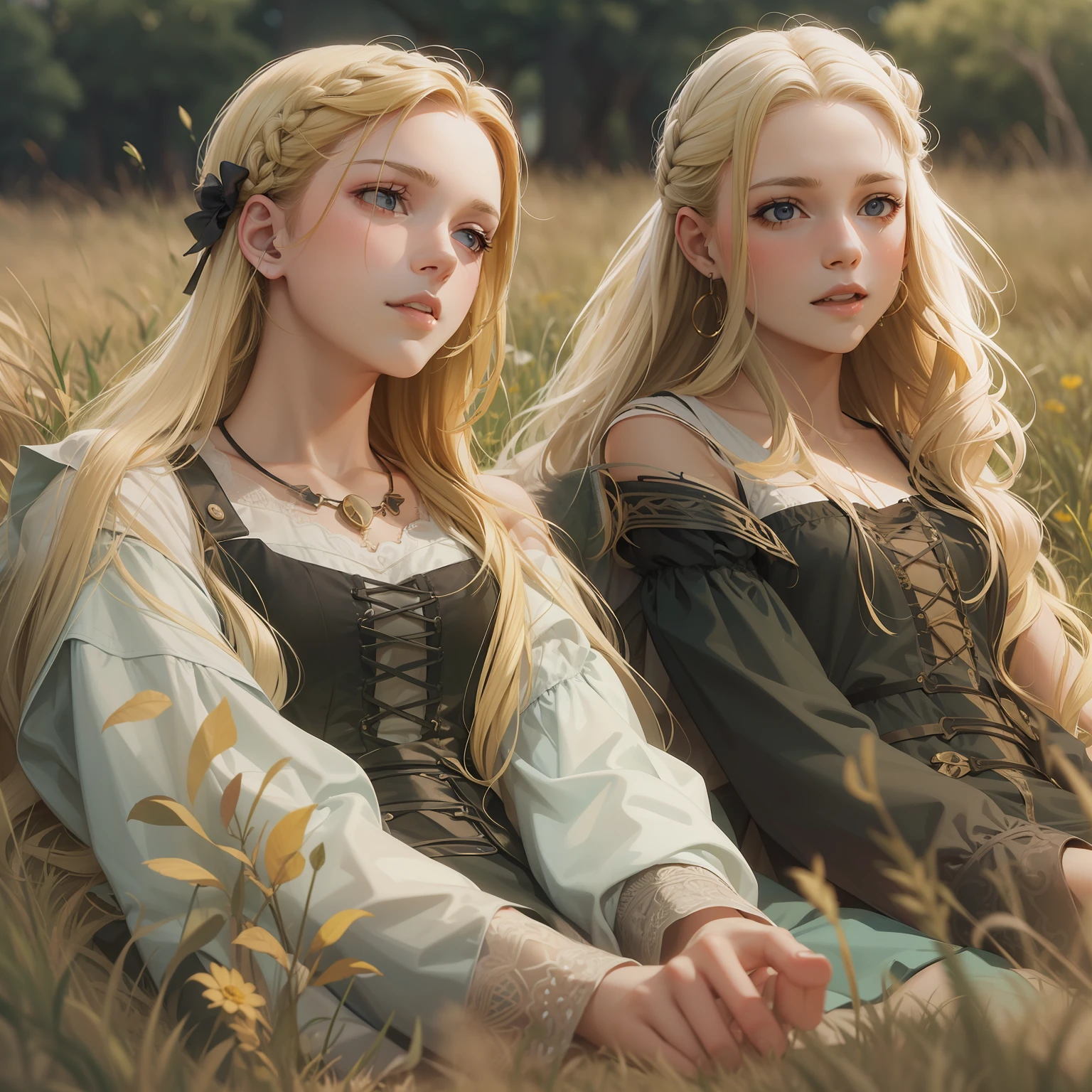 Two sisters, 17-year-old blonde and 14-year-old dark-haired, lying in a grassy field during a medieval summer setting