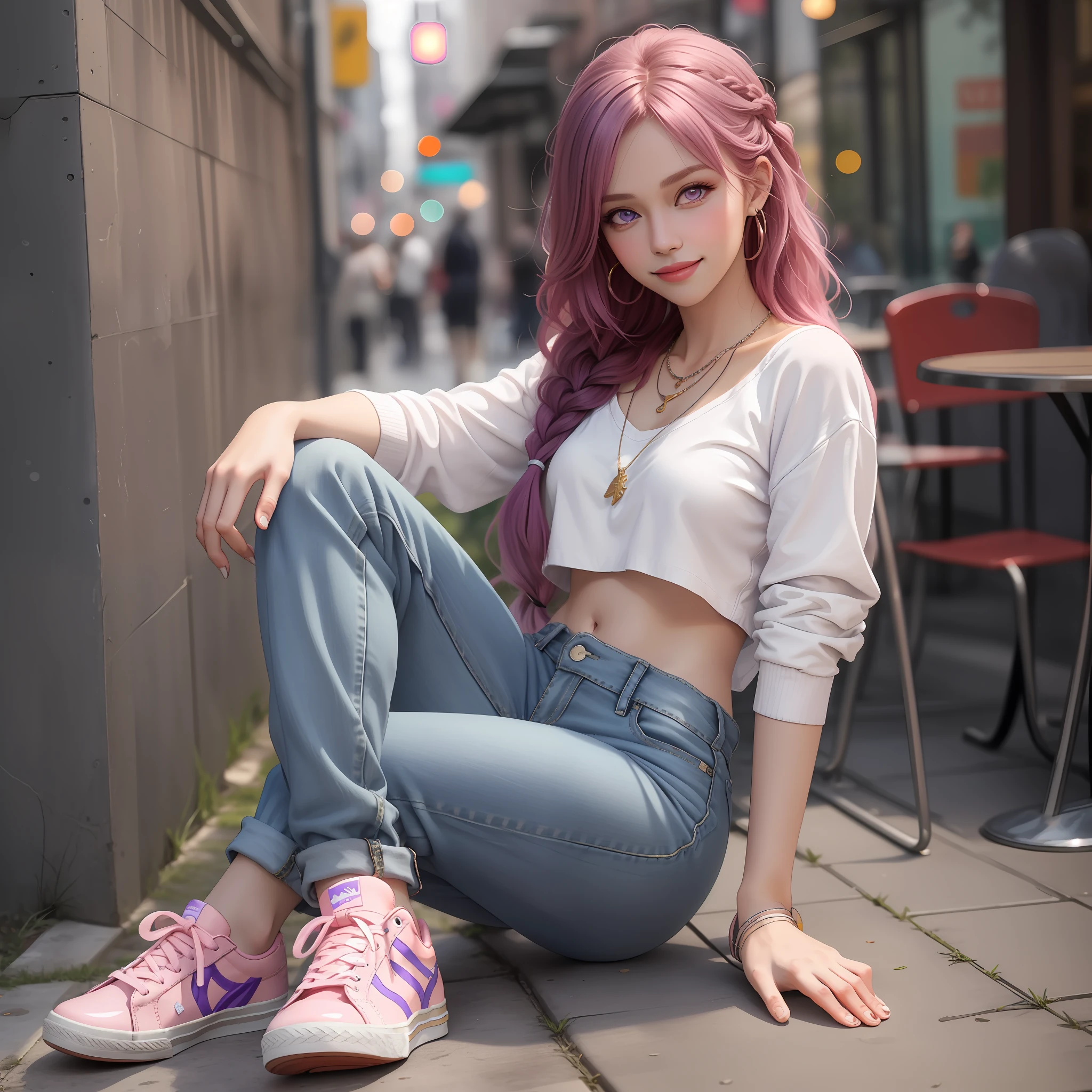 Masterpiece, Best quality, Photorealistic, Outdoors, Beautiful lighting, Cinematic lighting, wall, Simple background, Cafe, street, day, Sunlight, in public, crowd
and Yae Miko, Pink hair, Pink eyes, teasing, Smug, Fake smile, headtilt, kneesup, view the viewer, Glossy glossy skin, Pose, Contrapposto, Medium breasts, Jeans, Pants, Long pants, Denim, navel, midriff, nose blush, necklace, (Sneakers:1.2)
And Raiden General, Purple hair, Purple eyes, Serious, Blush, view the viewer, Single braid, shirt, Long hair, Crossed legs, Glossy glossy skin, Pose, crouched, Medium breasts, Jeans, Pants, Long pants, Denim, Smile, necklace,(Sneakers:1.2),