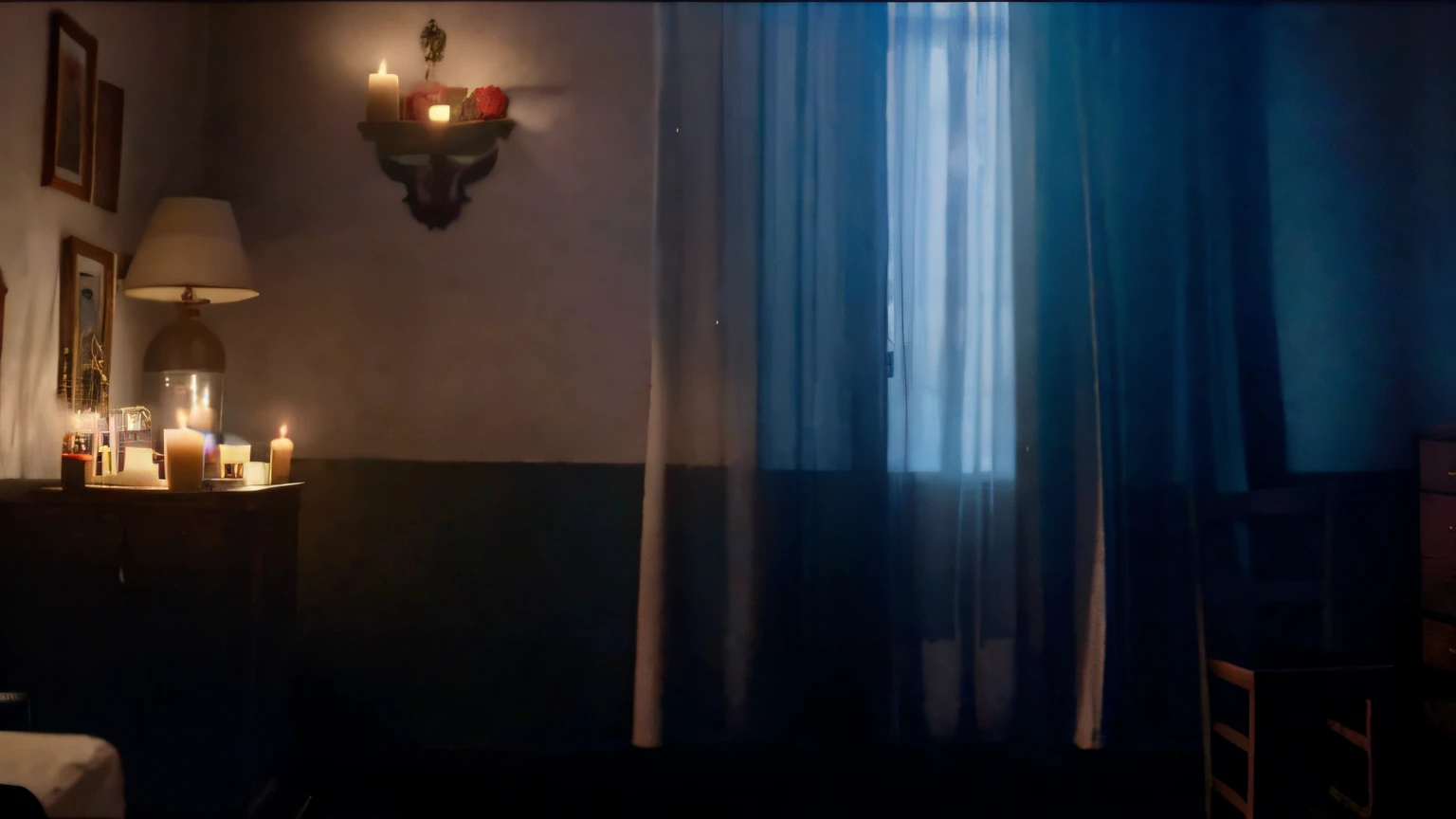 Candles are lit in a dark room with a window and a chair, Ainda de L'Estate, a still of an ethereal, Filmado do filme de Danis Villeneuve, filme ainda de um filme de terror, psychological horror movie still, filme largo ainda, Captura de tela de Morbius (2022), cena mal iluminada, uma cruz na parede