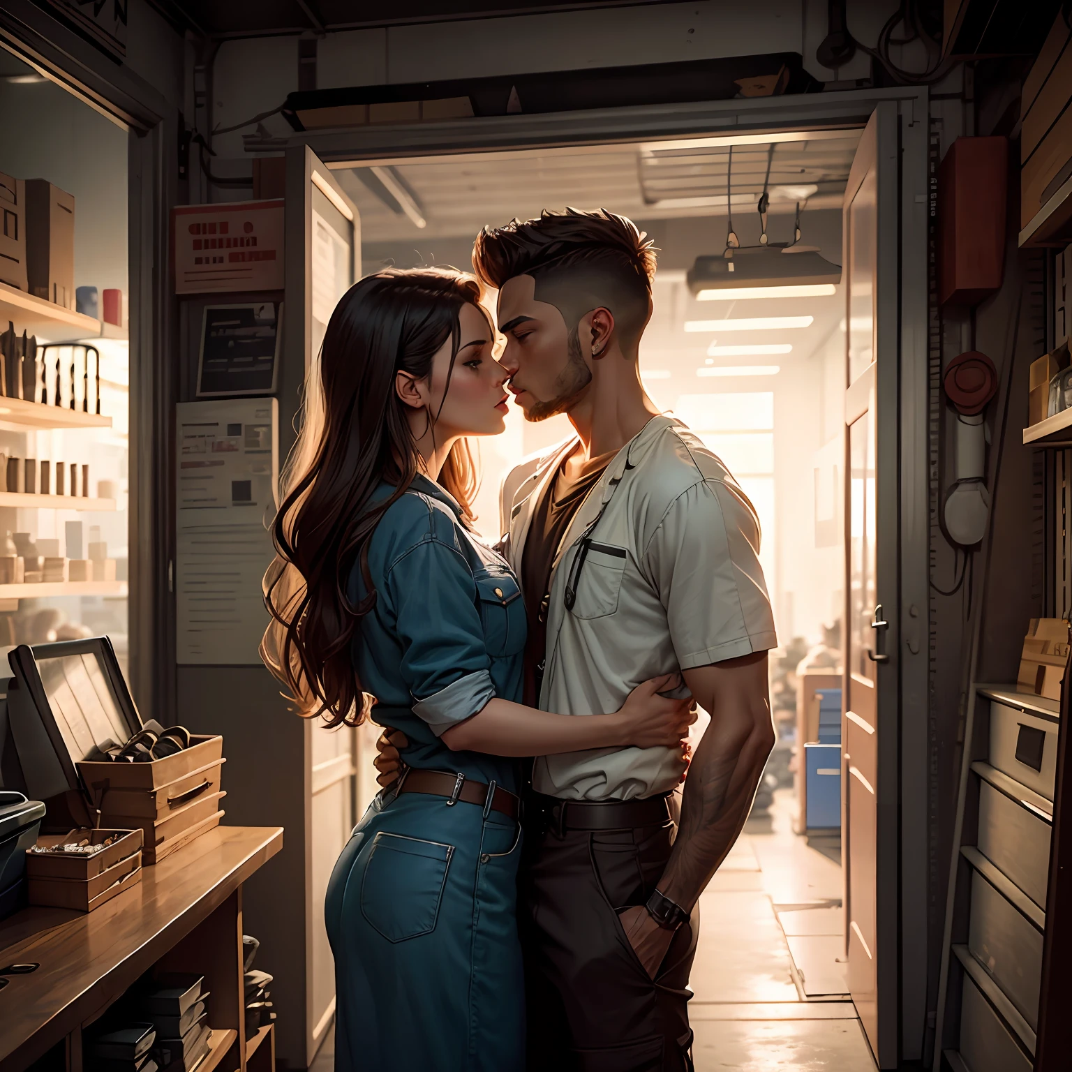 a car mechanic and a woman making out in his shop while other woman enter the store and gets surprised