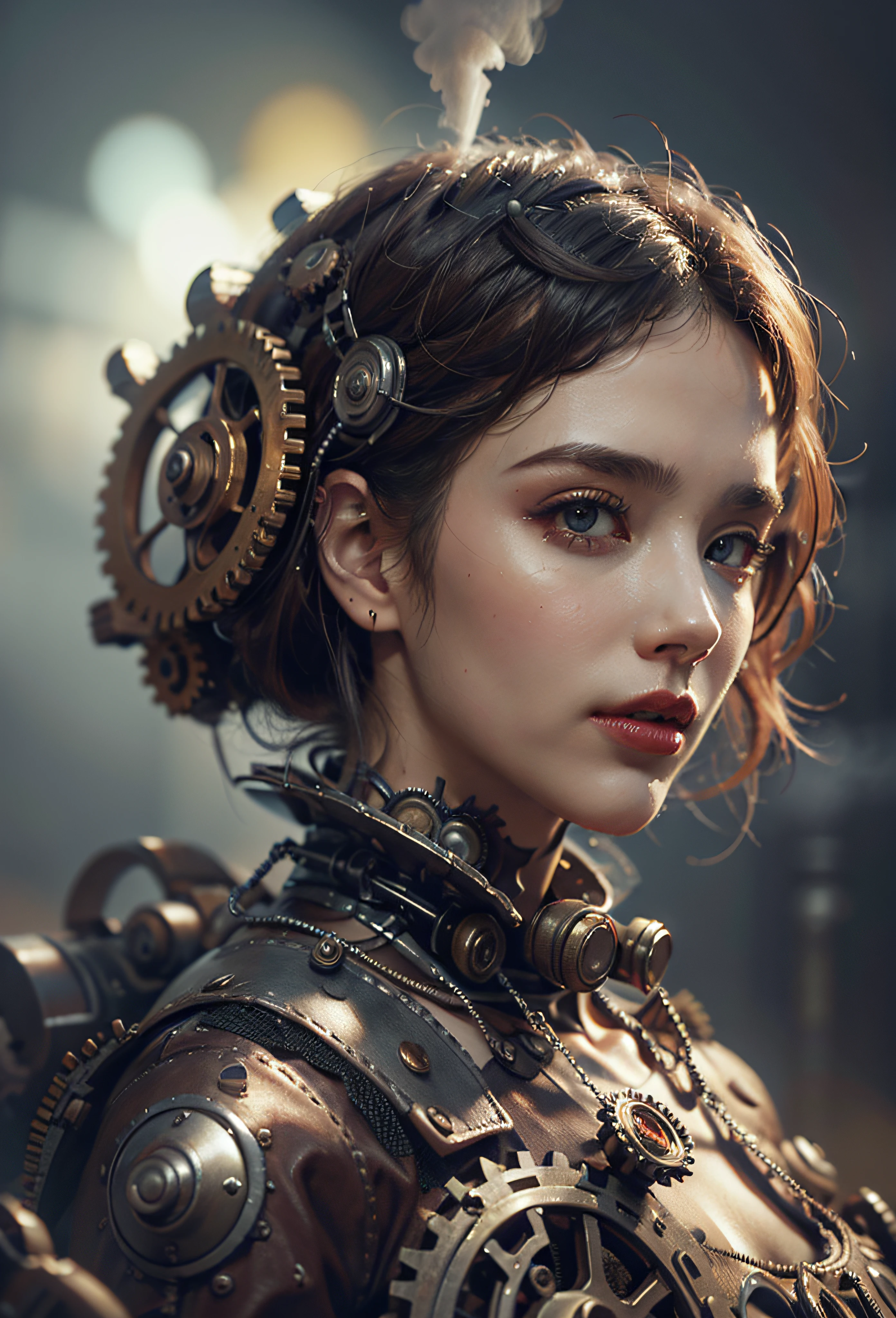 There's a woman with gears attached to her head with steam, Portrait of a mechanical woman, Arte digital 4K realista, Arte digital 4K realista, Wojtek FUS, Arte digital altamente detalhada em 4k, Cyber Steampunk 8K 3D, arte steampunk digital, Arte digital realista 8k, Arte digital detalhada em 4k, Arte cyberpunk 8K ultrarrealista, arte conceitual ultra realista,