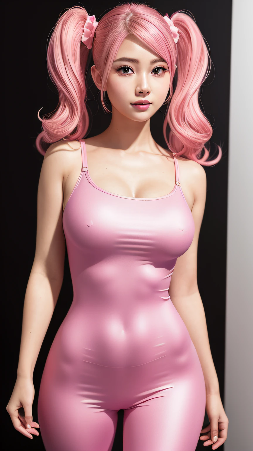 ulzzang-6500-v1.1,(Raw Photos:1.2),((Photorealistic:1.4)),Top Quality,Masterpiece, Illustration, Very delicate and beautiful, Highly detailed CG ,Unity,8k wallpaper, amazing, fine details, official art,highly detailed CG Unity 8k wallpaper,absurd, incredibly absurd, huge file size, ultra detail, high resolution, Beautiful Detailed Girl, Very Detailed Eyes and Face, Beautiful Detailed Eyes,Facial Light,Movie Lighting,((Very Pink Tight Suit Clothes)),1 Girl,Full Body,Full Body Shot,Watch Viewer,((Light Pink Hair))、Red Eyes,((blissful))、Most Detailed Background, ((Cosplay)), (Smile), With Twin Tails,Longsword,