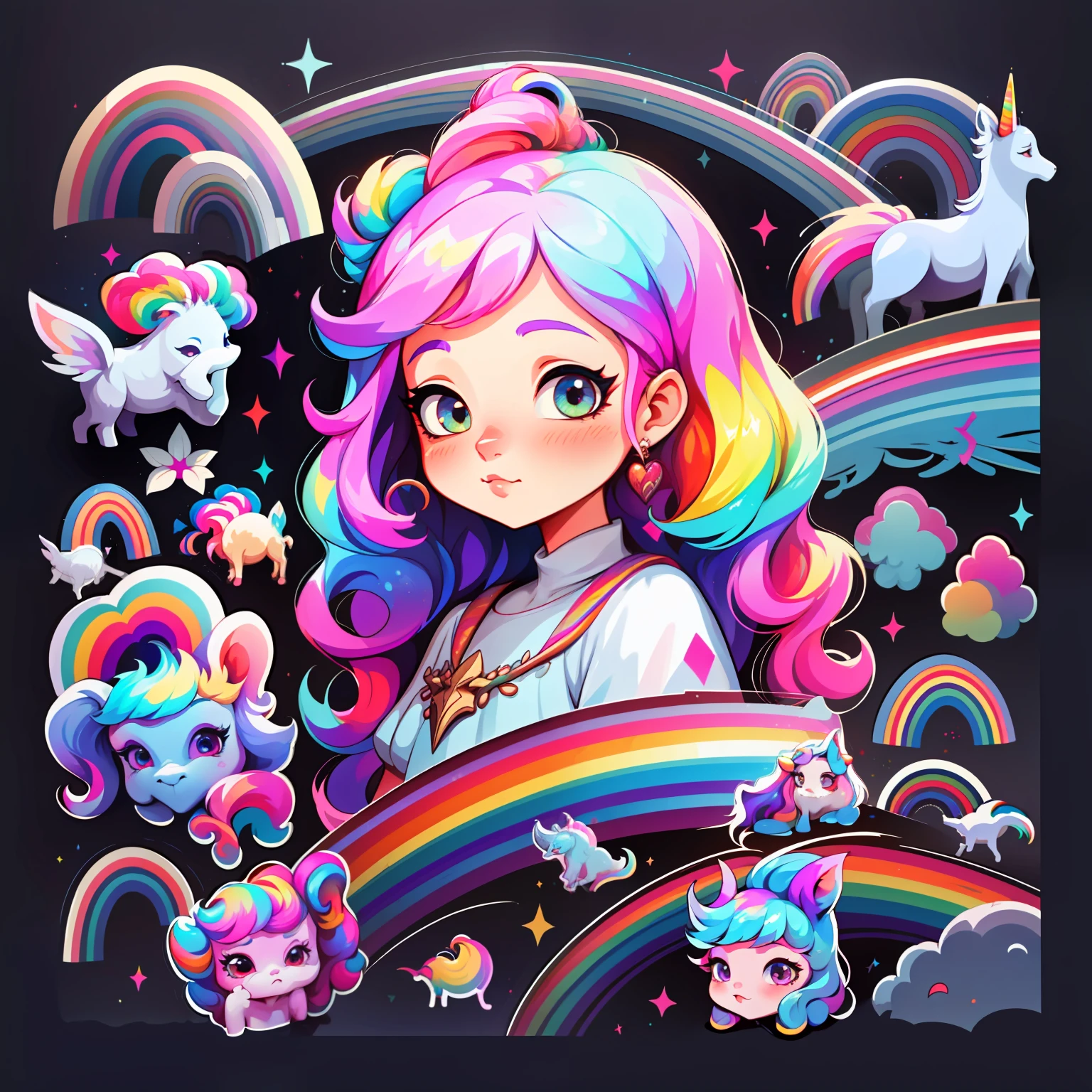 retrato, adesivo,1girl, fundo simples, menina com cabelo longo, Beautiful unicorn girl, unicorn aesthetics, Beautiful girl, arte de fantasia muito bonita, Beautiful and elegant female unicorn, bela fantasia detalhada, Rainbow colored palate, rainbow color-theme