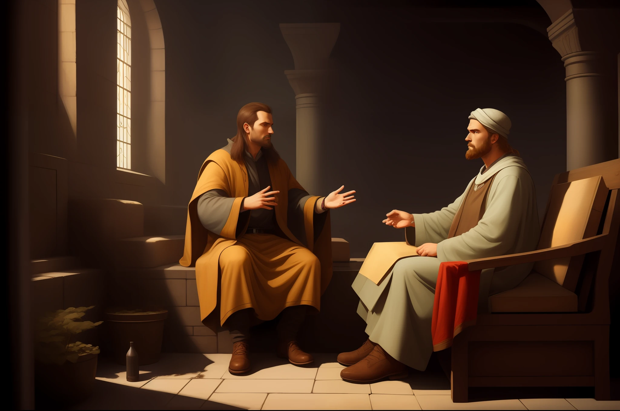 There are two men sitting on a bench talking to each other, calmamente conversando 8k, Greg Olsen, Nicodemos, Christian art, inspirado em Johannes Helgeson, Directed by: Haroldo von Schmidt, Directed by: Johannes Helgeson, Directed by: Pedro de Sève, inspirado em Carl Heinrich Bloch, Wlop e Ross Thran, Alexey Egorov