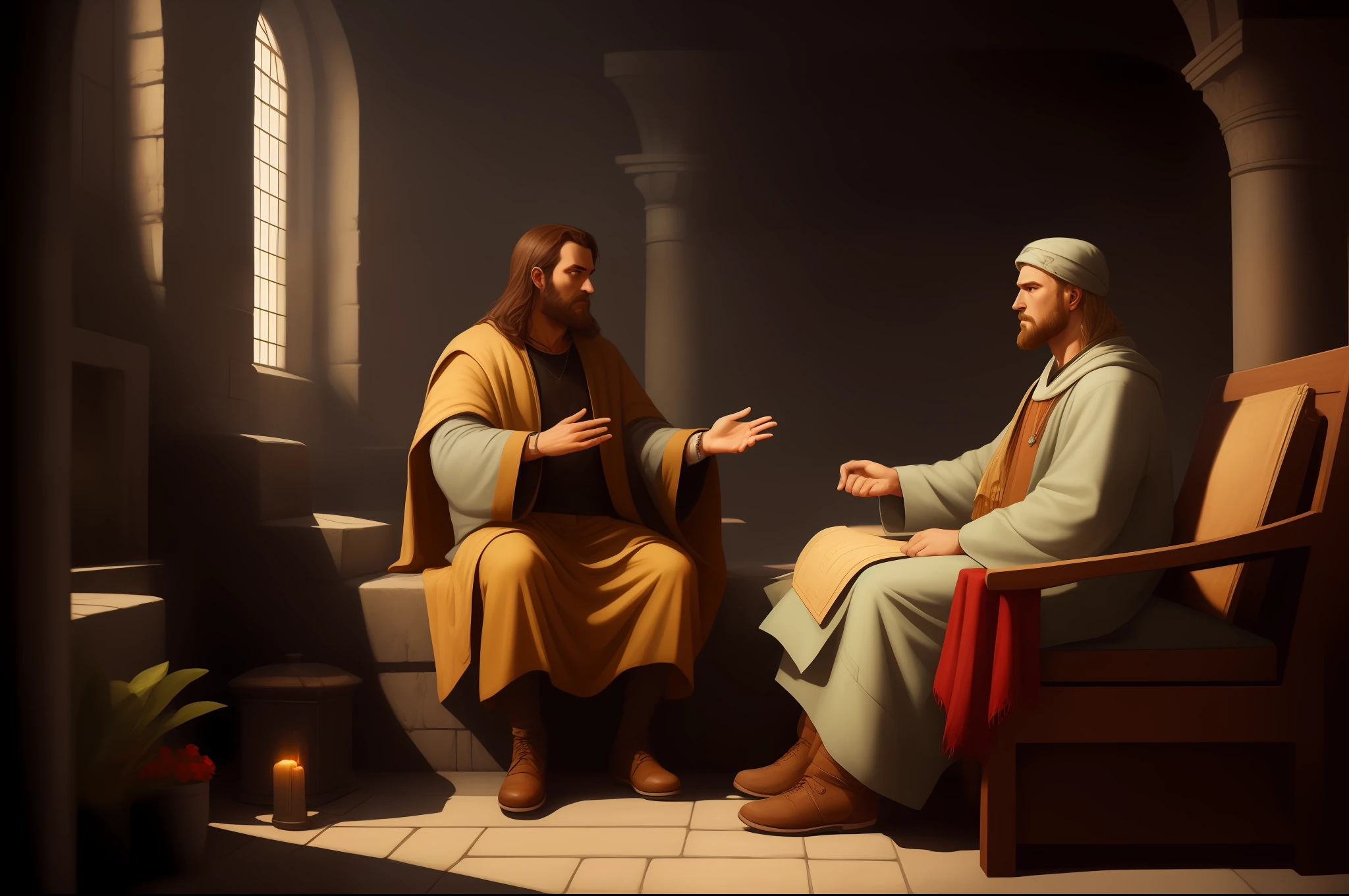 There are two men sitting on a bench talking to each other, calmamente conversando 8k, Greg Olsen, Nicodemos, Christian art, inspirado em Johannes Helgeson, Directed by: Haroldo von Schmidt, Directed by: Johannes Helgeson, Directed by: Pedro de Sève, inspirado em Carl Heinrich Bloch, Wlop e Ross Thran, Alexey Egorov
