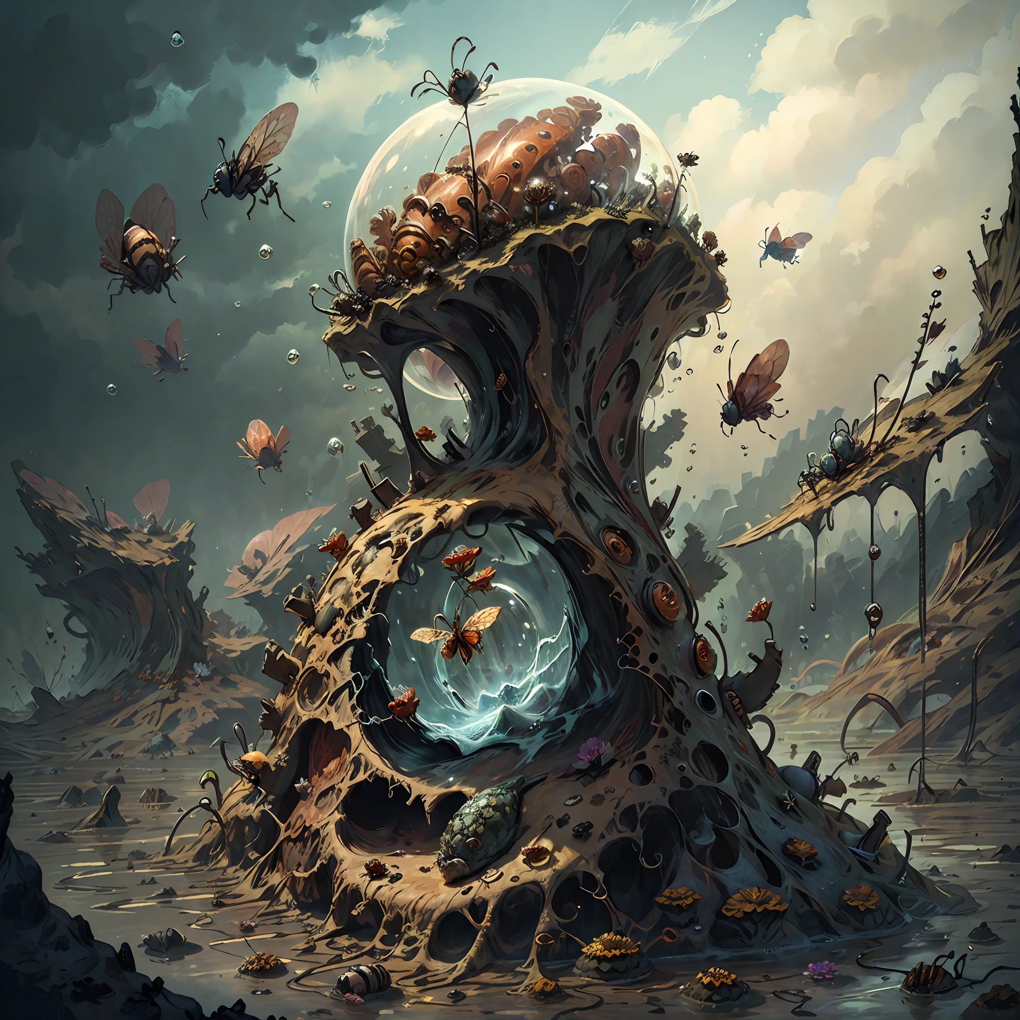 anthill with flowers and insects trapped in a water bubble on top realistic --auto