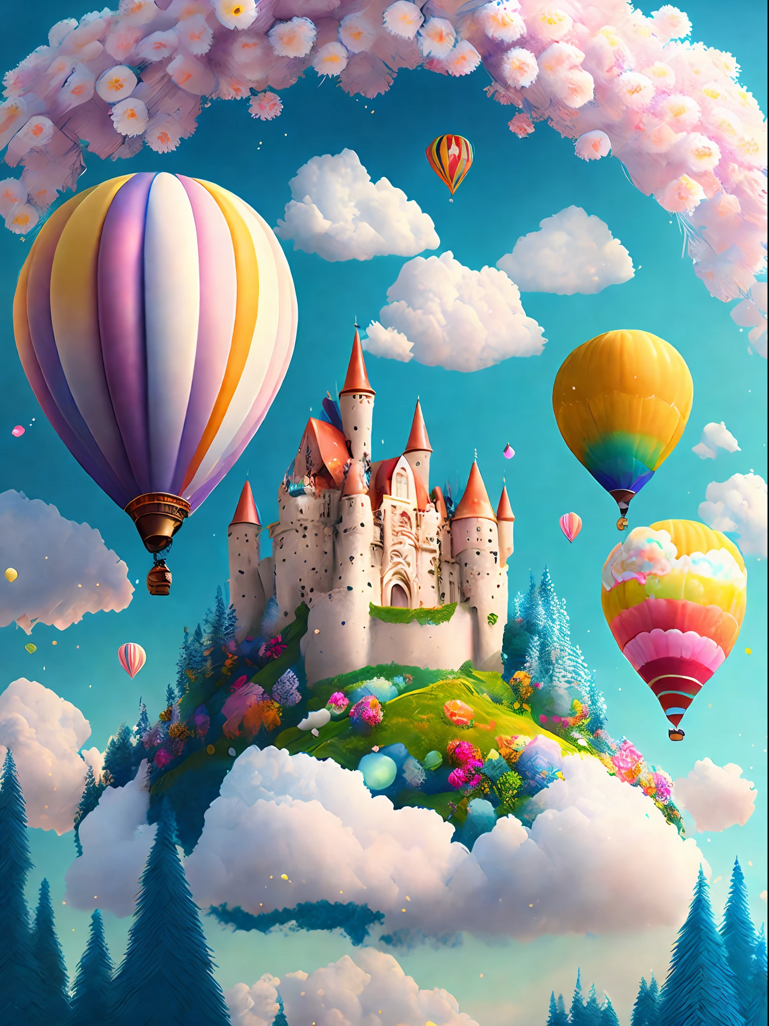 (Best Quality),(masutepiece),(ultra-detailliert),(detaileds),(Extremely detailed),Beautiful children's book cover, Colorful and capricious,(Best Quality),(Soft and sweet),(Adorable,wealthy,Animal companions),(Vivid and dynamic illustrations),(Balloons and bubbles,Fun and playful),(Sparkling eyes and sweet smile),(Bright and lovely flowers),(Fairytale wonderland,An enchanted forest,Castle in the clouds)