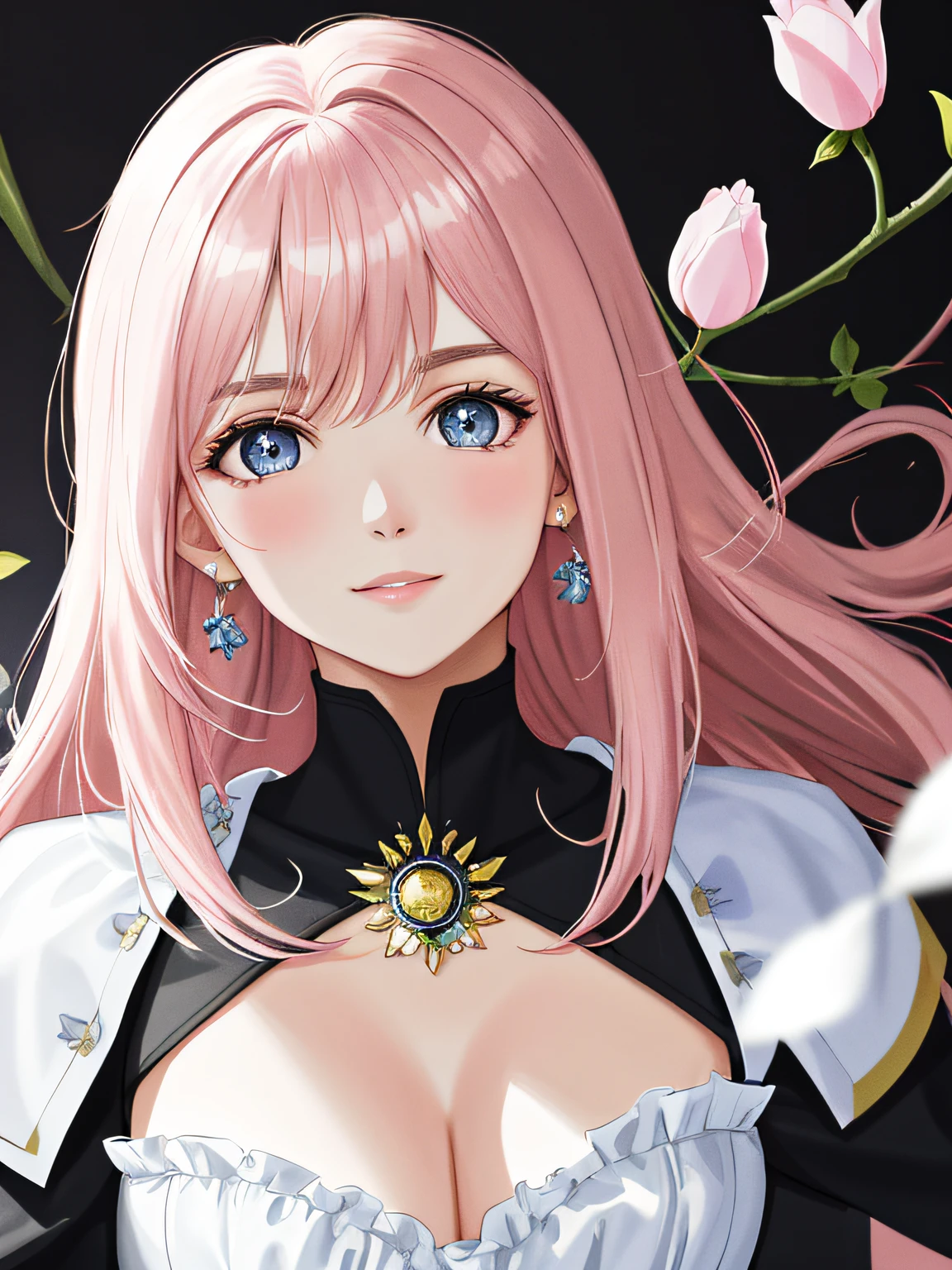 Obra-prima 8K superlativa, mulher anime, Retrato realista do vento frio, Sister, mulher de cabelo longo branco prateado, cabelos longos, light pink lips, franja calma e racional, pupilas cinzentas, fundo da flor, petals dancing, rosto delicado