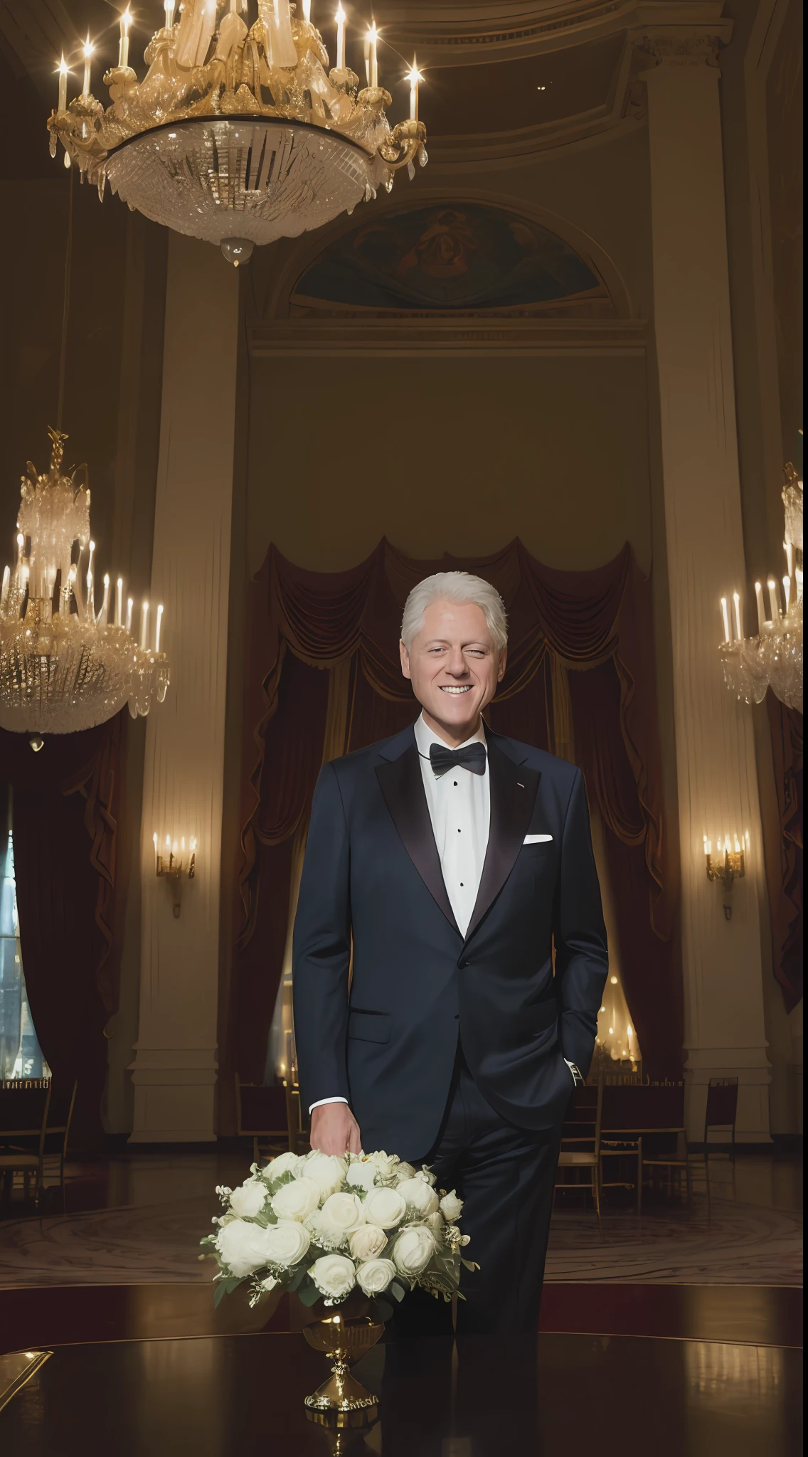 (masterpiece, 8K, UHD, detailed, photorealistic:1.4), Bill Clinton as the 42nd President, (immaculate dark suit:1.2), white pocket square, (audacious smile:1.3), formal event, guests clapping, elegant chandeliers, grand setting, warm lights reflecting, cool colors, celebratory atmosphere, looking at viewer, mid-shot.
