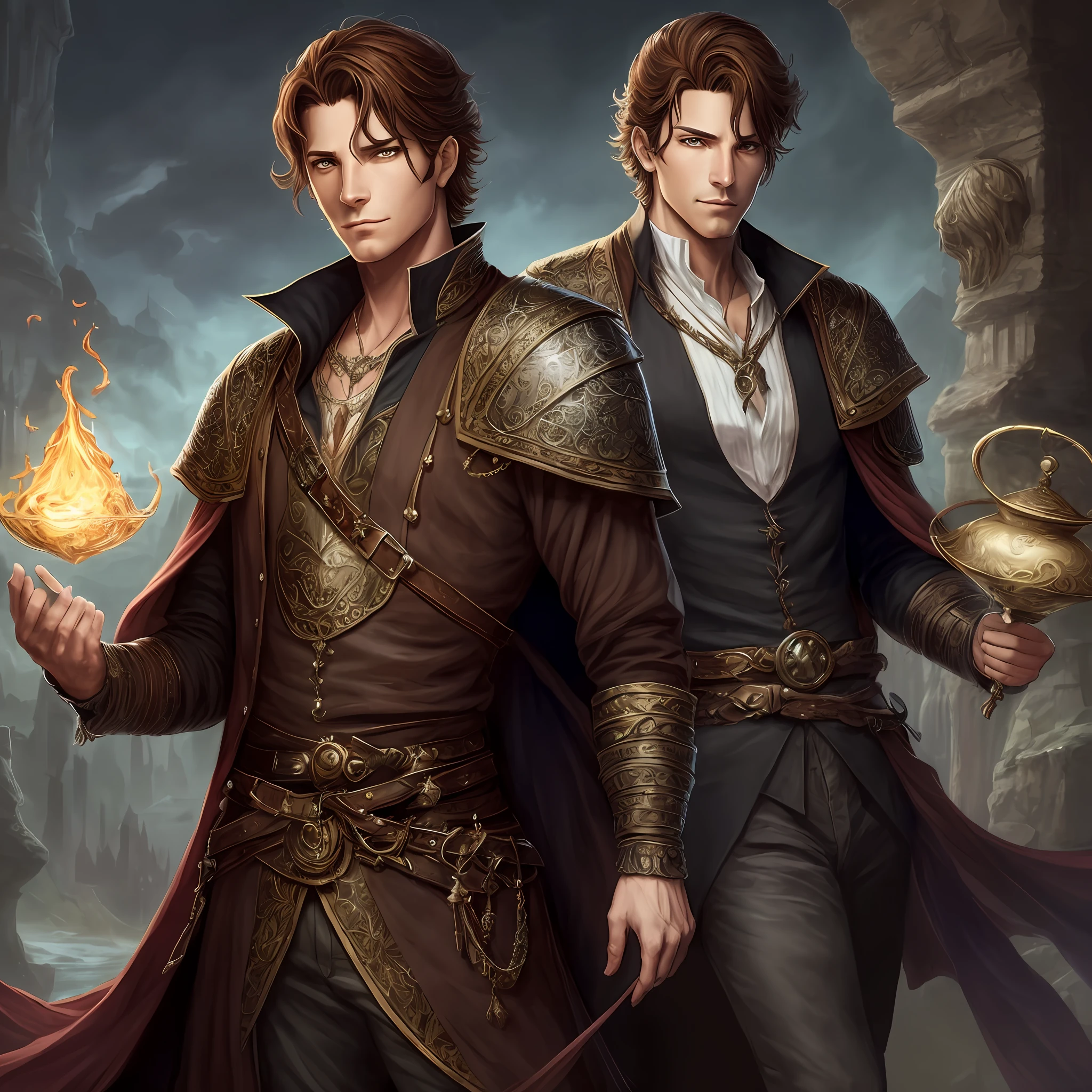 An art of only one character in the fantasy genre. A male magician with magical powers from medieval times. Rosto realista. cabelos curtos loiros. Personagem para jogo de RPG, fantasia, fictional, Very detailed. --auto
