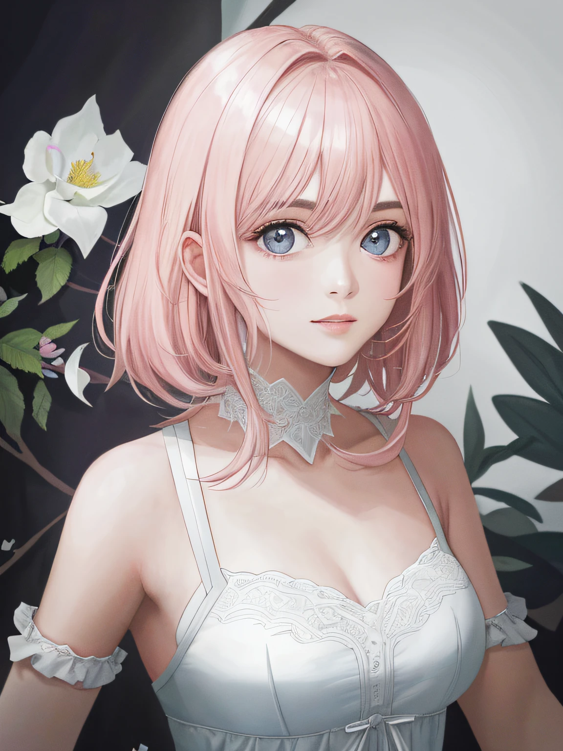 Obra-prima 8K superlativa, mulher anime, Retrato realista do vento frio, Sister, mulher de cabelo longo branco prateado, cabelos longos, light pink lips, franja calma e racional, pupilas cinzentas, fundo da flor, petals dancing, rosto delicado
