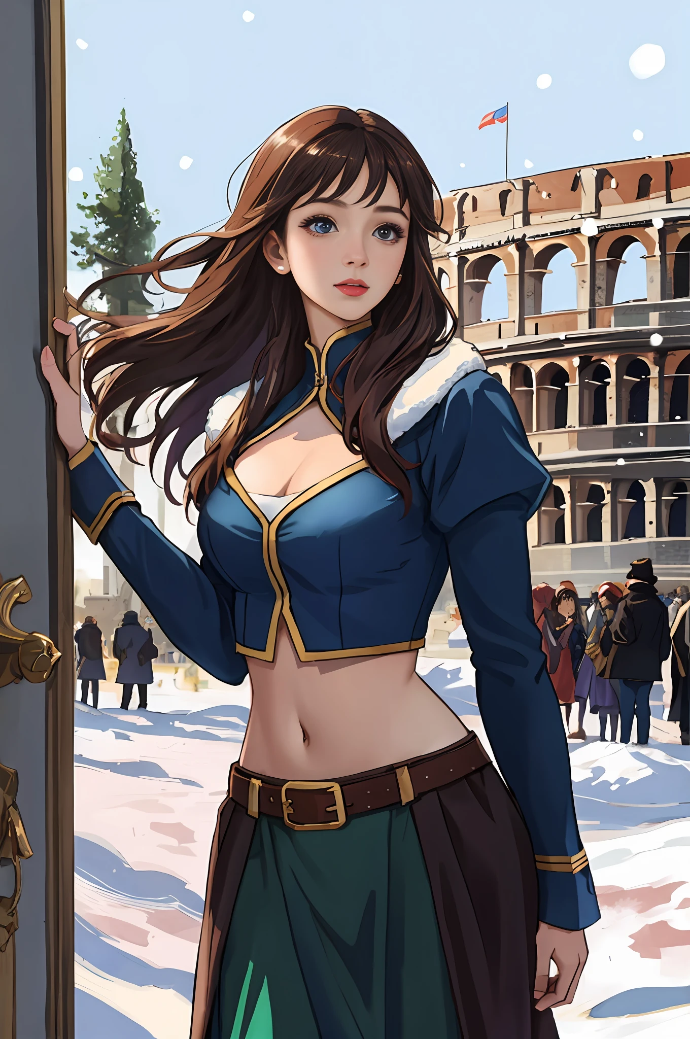 （Positive focus),2girls,duo,navel,(At the Colosseum,crowd,winter,Snowy),Surrealistic Female Portraits by David Hockney and Alphonse Mucha,Fantasy art,photograph realistic， Dynamic lighting，art  stations,poster for,Volumetriclighting,Very detailed faces,4K,Award-Awarded,Fantastic costumes,Deep shadows,low tune,cowboy lens， （official outfit：1.4）， looking at the camera in， Half-body shot，（（Realistic face））），