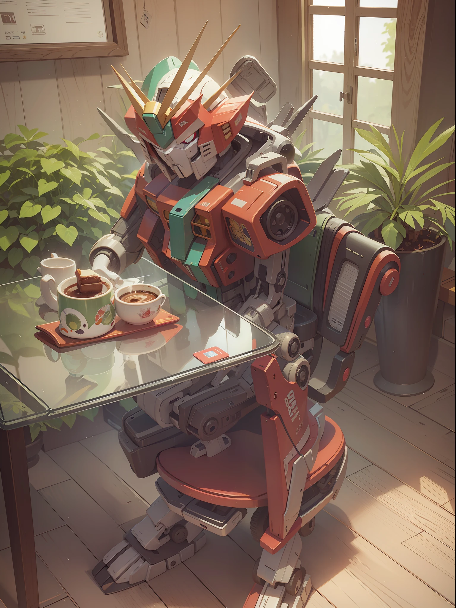 (Machinary：Genzu Gundam:1.331)，(Half-body mirror)，((Genko Gundam sat in a chair in the café))，(There are potted plants on the coffee table)，(Minamoto Gundam drinking coffee at a café)，drinking a coffee，(Hot coffee),Up to RX78，The mech is rich in detail，Refined mecha，Coca-Cola,Cute style，Little，big headed，(Hot Wheels:1.331)，a 3D render，Pokémon style，Machine style，Cinematic texture，Figures，Pokémon，电影灯光，Heavy robotic arm，Mechanical belly，mechanical leg，mechanical leg，Mechanical feel，The background surrounds lightning，salama，mizore，Ray traching，Premium color，Bust 3D model，Action，Stylish blind box toy。(fill body:1.2)，tchibi