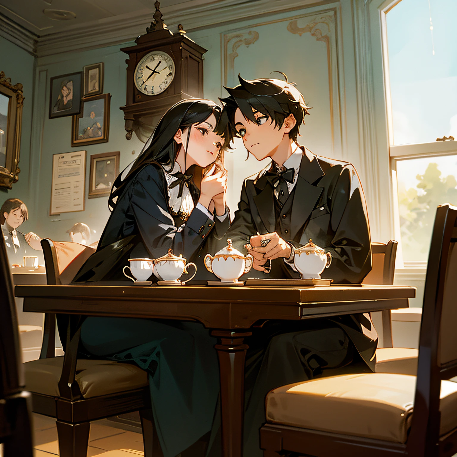 1girl and 1boy, Sitting,Tea,Cafe,Highest image quality,clock,Meticulous portrayal,The face is clear,Numerous decorations --auto