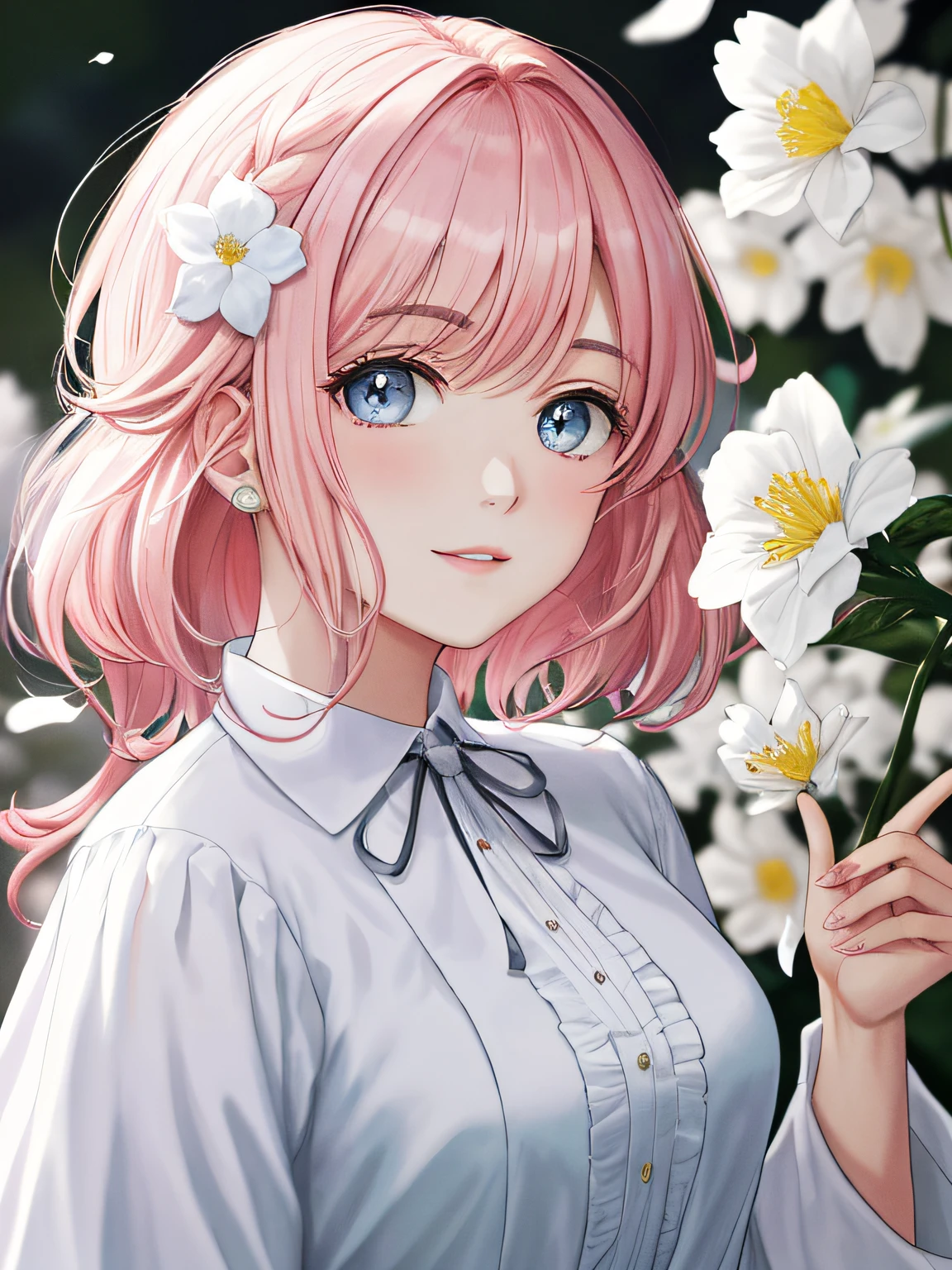 Obra-prima 8K superlativa, mulher anime, Retrato realista do vento frio, Sister, mulher de cabelo longo branco prateado, cabelos longos, light pink lips, franja calma e racional, pupilas cinzentas, fundo da flor, petals dancing, rosto delicado