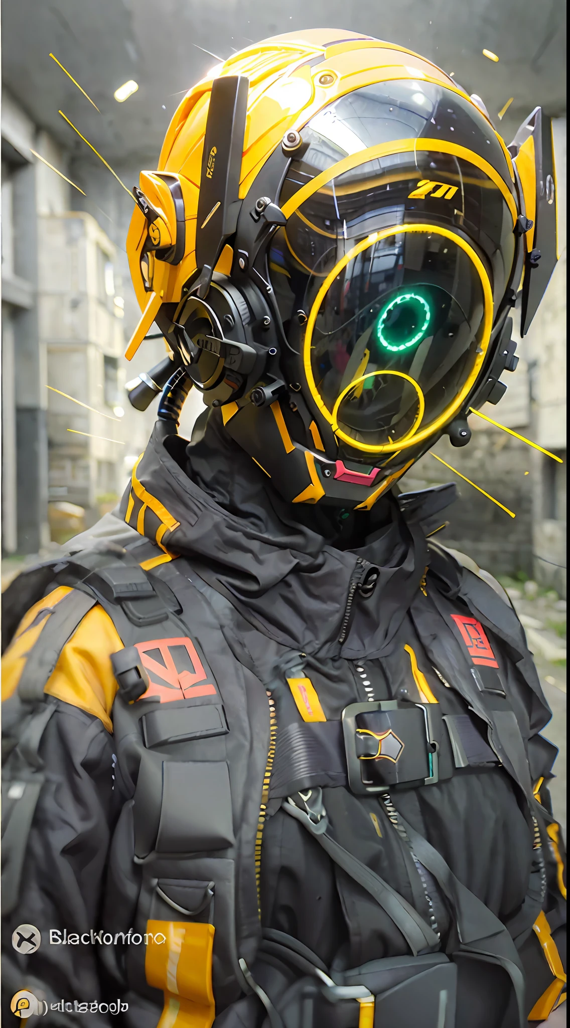 "Texto original en, obra maestra, alta calidad, Cyborg woman inside a bright yellow circle, Illuminating your cyber helmet with black ears. chaqueta negra, Sunny day on the street"