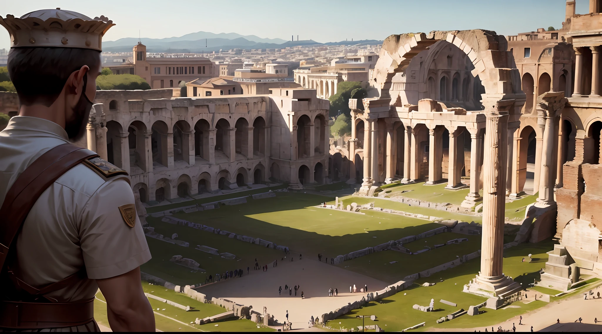Describe Julius Caesar, acompanhado por seus soldados e assessores, walking through the Roman Forum, with grandiose temples in the background and the Roman people in uproar at the sight of it --auto