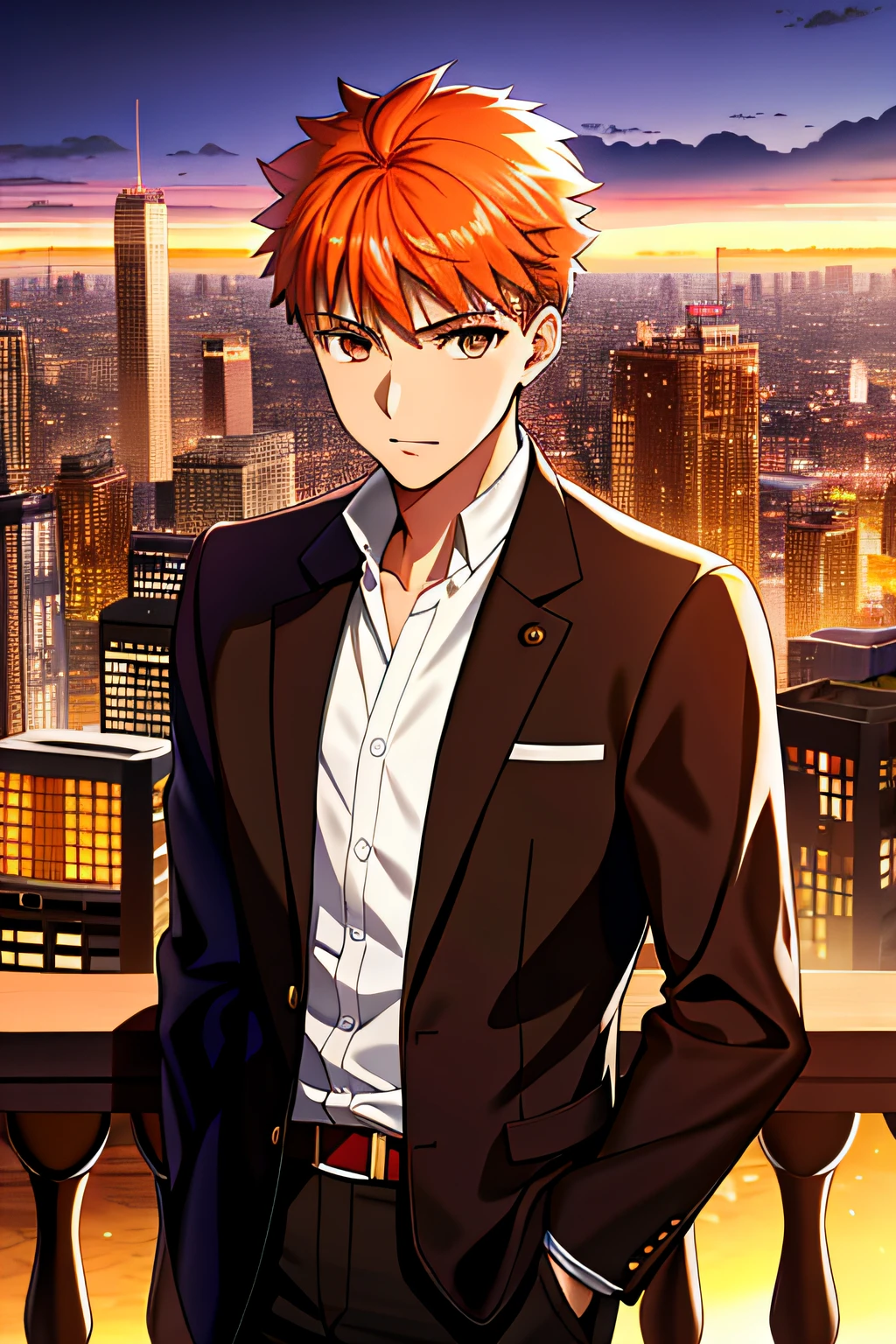 (masterpiece: 1.4), (best quality: 1.4), 1 child, solo, (Emiya Shirō \(fate\):1.2), student, orange hair, amber eyes, male, Homurahara academy uniform, athletic, jacket brown, white shirt, brown pants ((brown-colored clothes)), looking at viewer, upper body, city, cityscape, sky, night