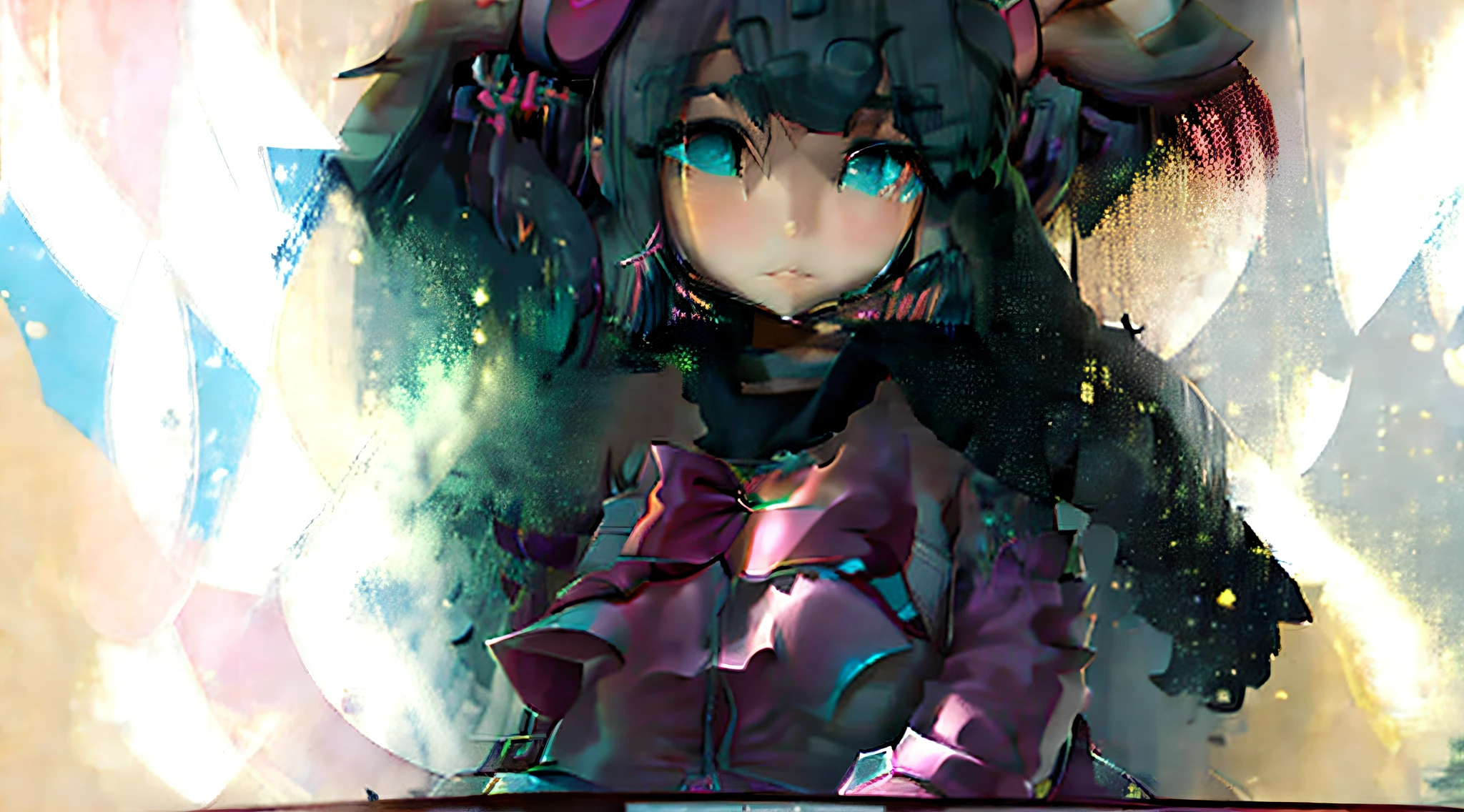 Big breasts Hatsune Miku，1 anime girl，with black background，largeeyes，The character is on the right，16:9，PC Wallpapers