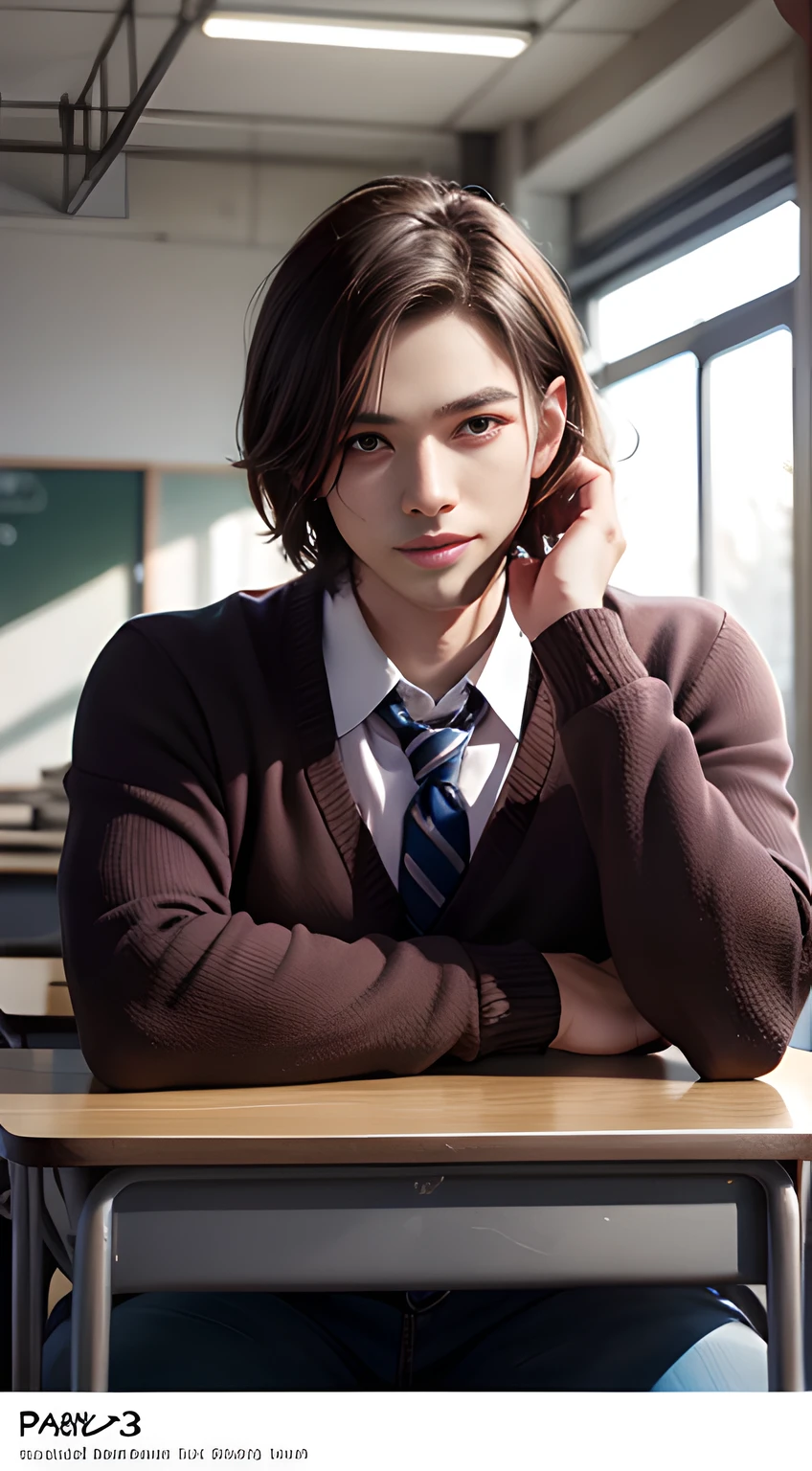 ((Man only)), (cowboy Shot), (handsome muscular high school boy in the classroom of high school), short brown hair, (He resembles Chris Redfield from Resident Evil), He is wearing a red cardigan and a tie, Mischievous smile, (detaile: 1 in 1), Natural muscles, HIG quality, beautidful eyes, (Detailed face and eyes), (Face、: 1 / 2), Noise, Real Photographics、... ..............................................................PSD, Sharp Focus, High resolution 8K, realisitic & Professional Photography, 8K UHD, Soft lighting, High quality, Film grain, FujifilmXT3